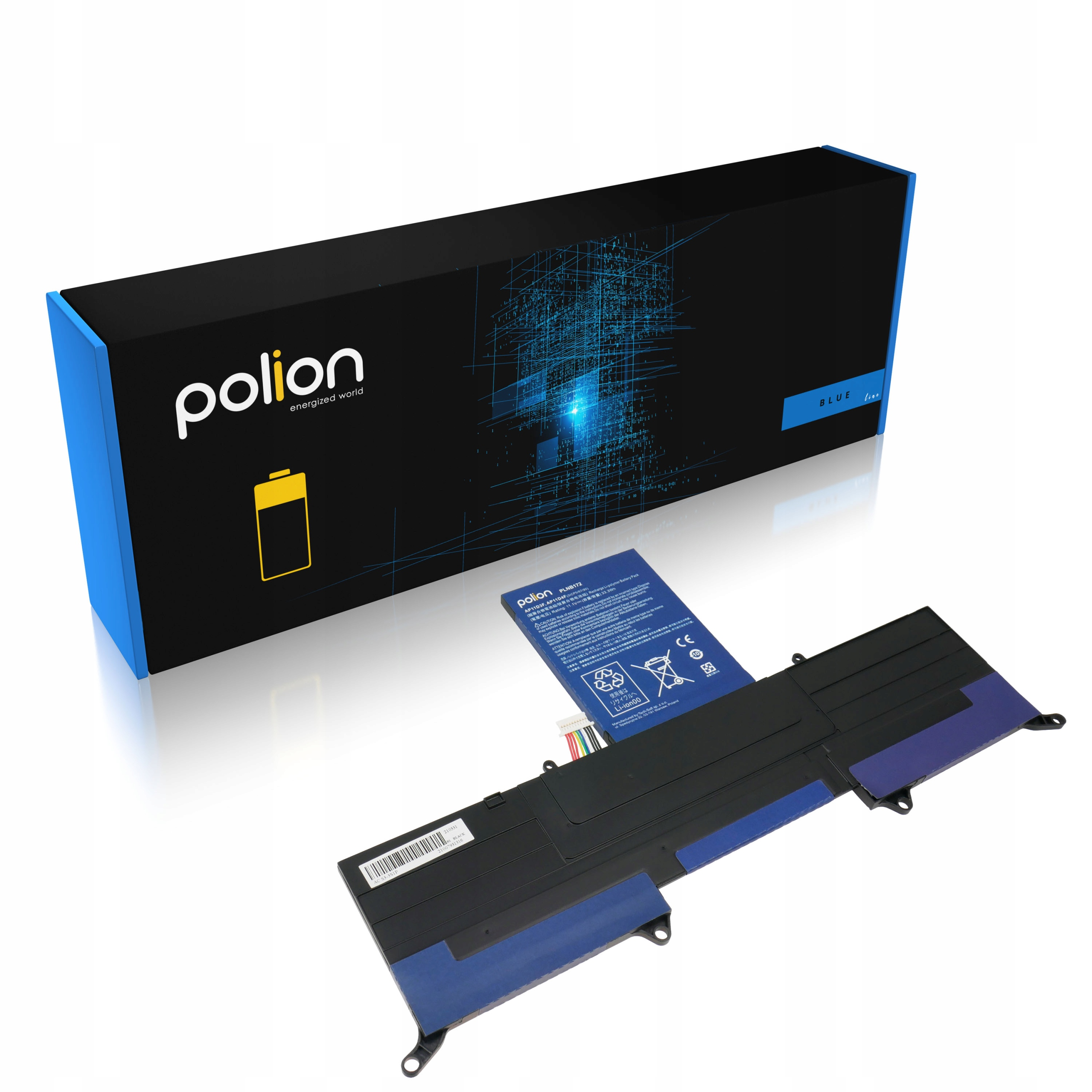 Czarne pudełko z niebieskim wykończeniem i wzorem niebieskiej linii, obok baterii laptopa.