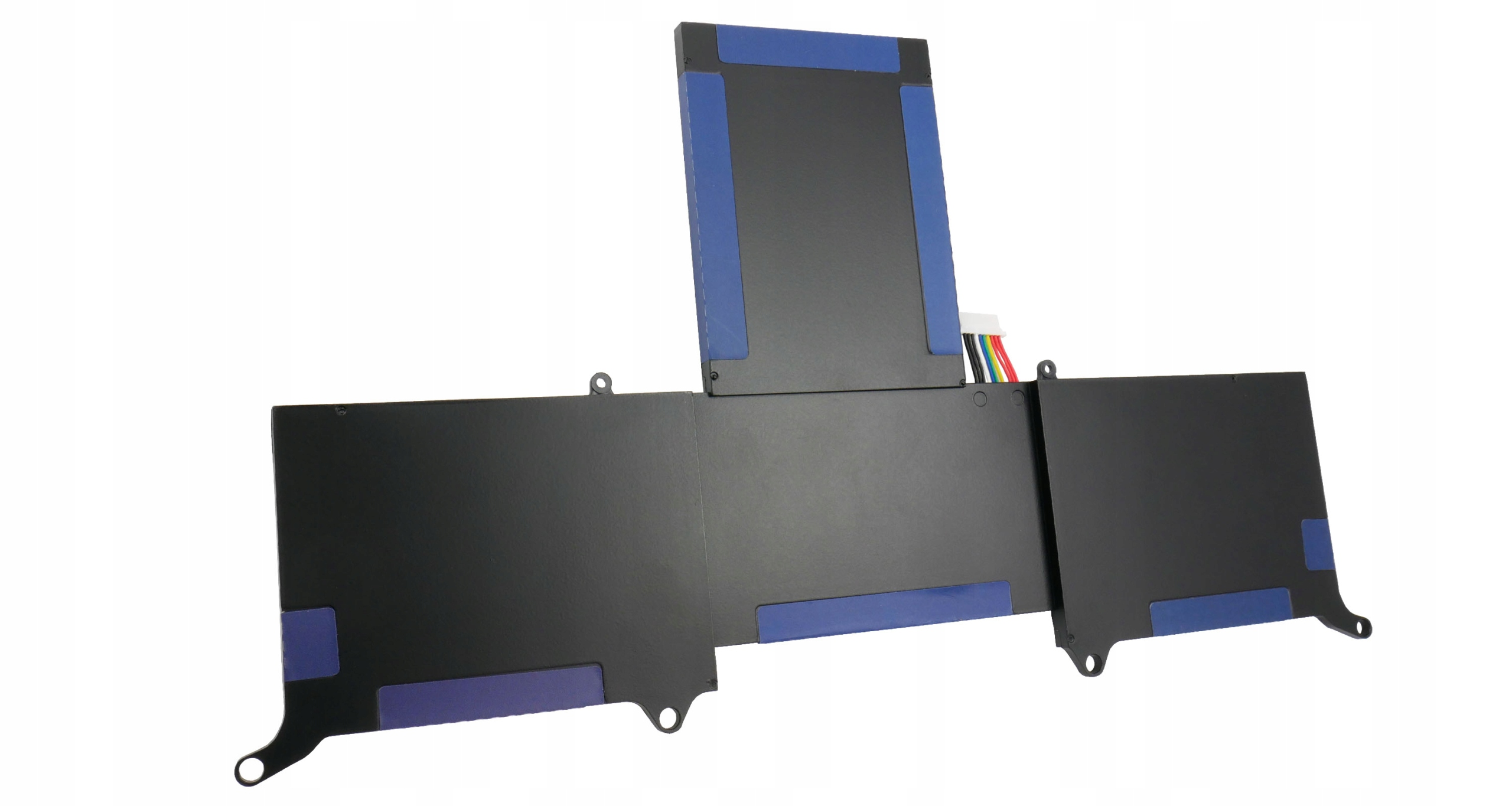 Czarna bateria do laptopa z niebieskimi akcentami i przewodami.