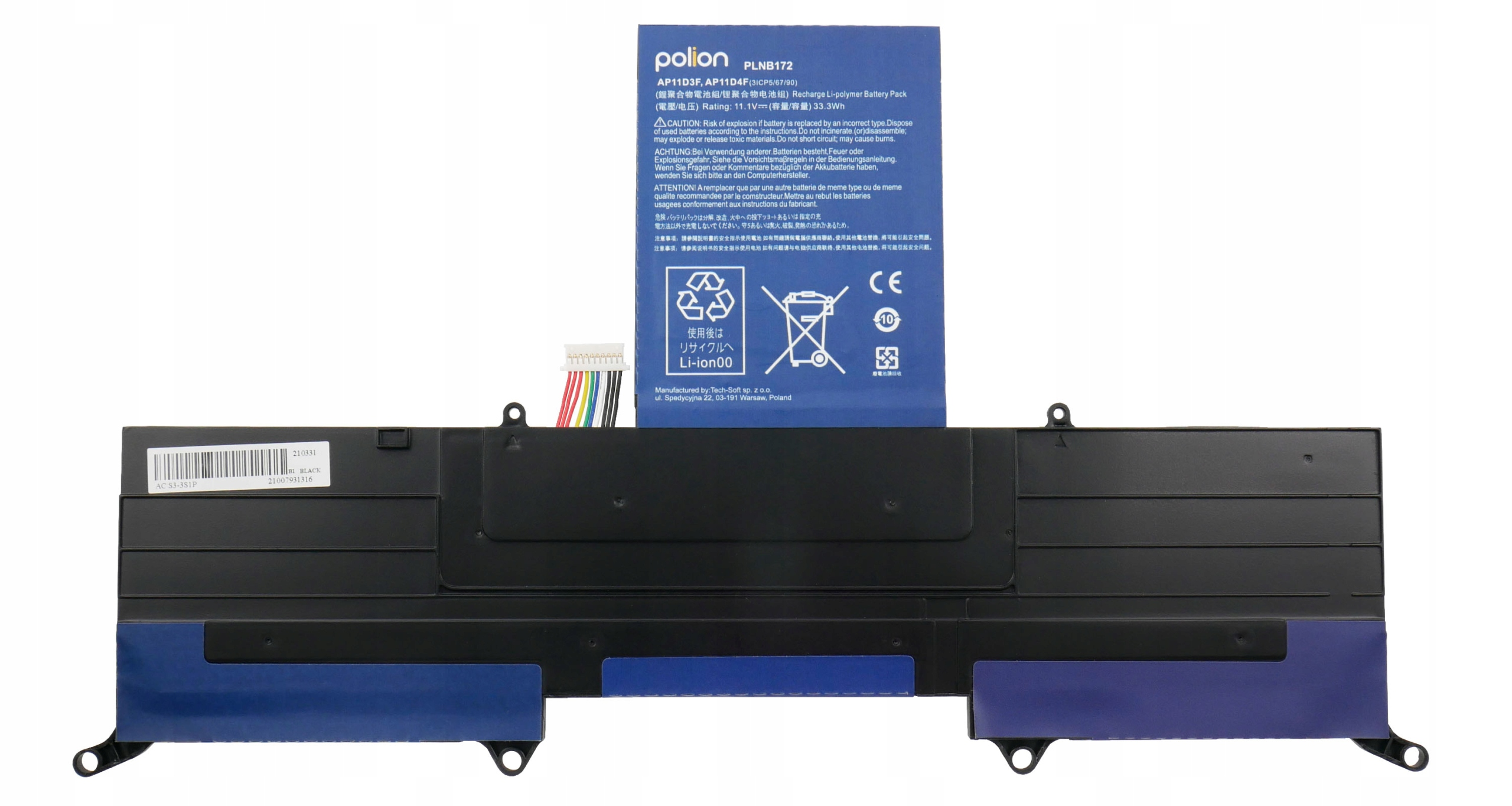 Bateria do laptopa z niebieskimi i czarnymi akcentami oraz etykietami ostrzegawczymi.