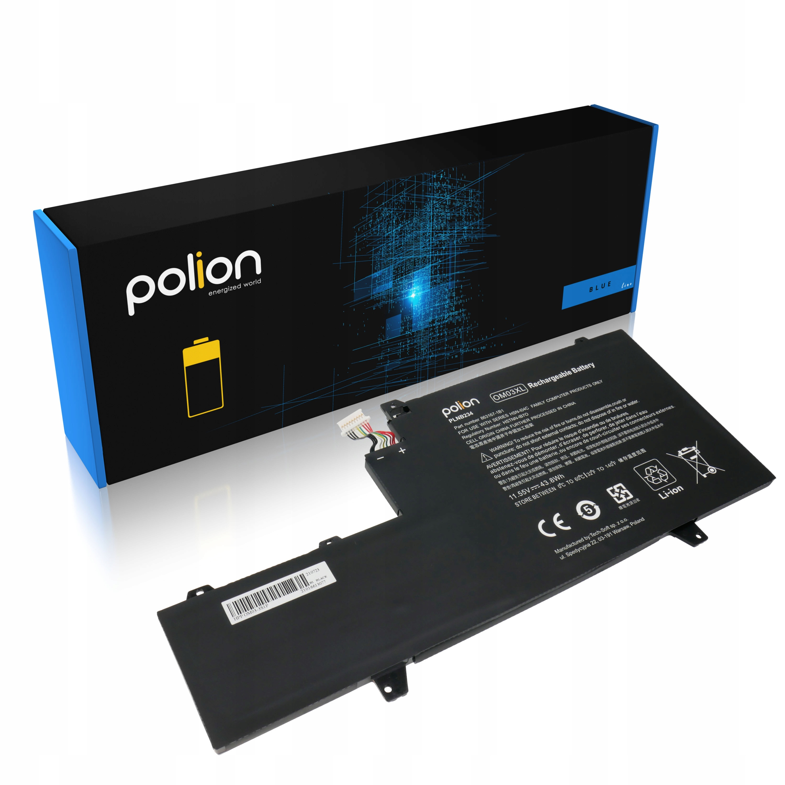 Czarny akumulator do laptopa z etykietami i kablem połączeniowym leży obok czarnego opakowania.