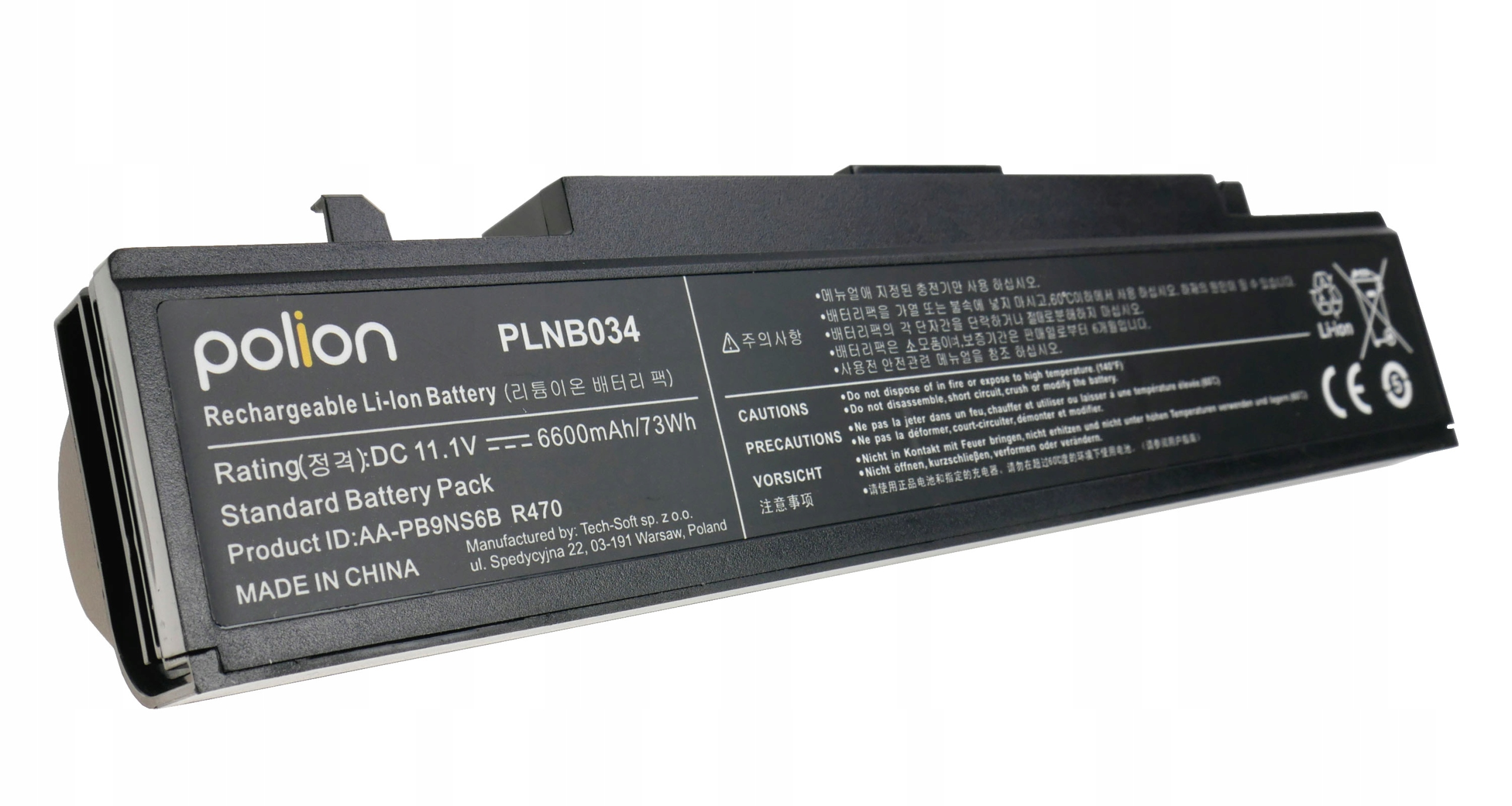 Czarna bateria do laptopa z napisem "polion" i "PLNB034".