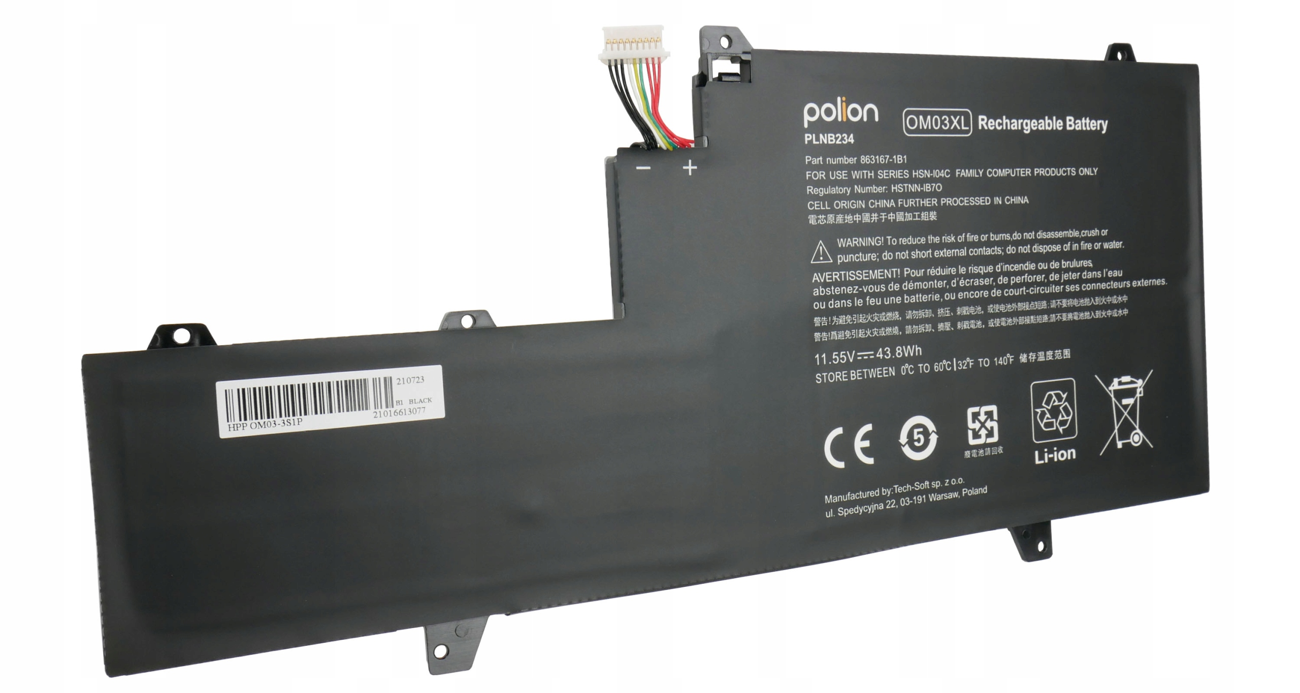 Czarna bateria do laptopa z przewodami i ostrzeżeniami. Marka: Polion.