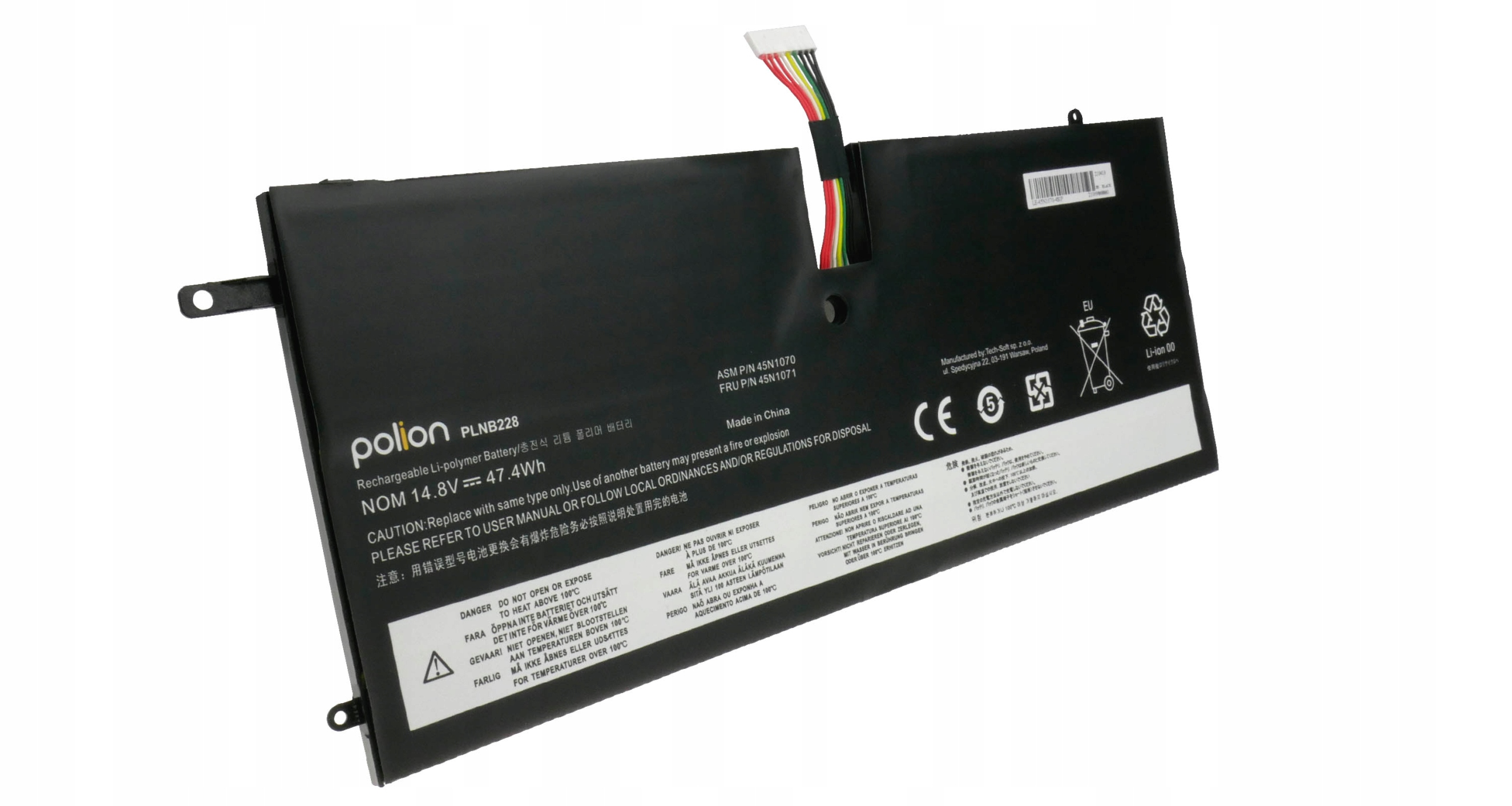 Czarna bateria do laptopa z kablami, etykietami i symbolami ostrzegawczymi.