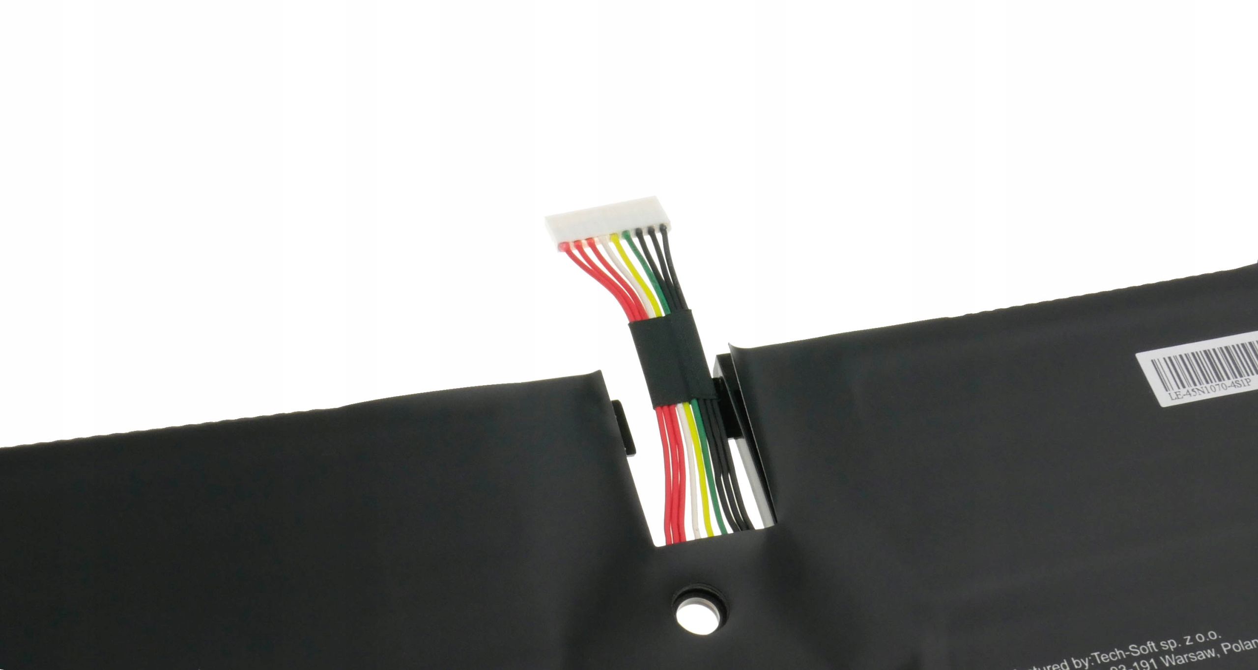 Czarna bateria z kolorową wiązką przewodów. Etykieta LE-45N1070-4S1P.