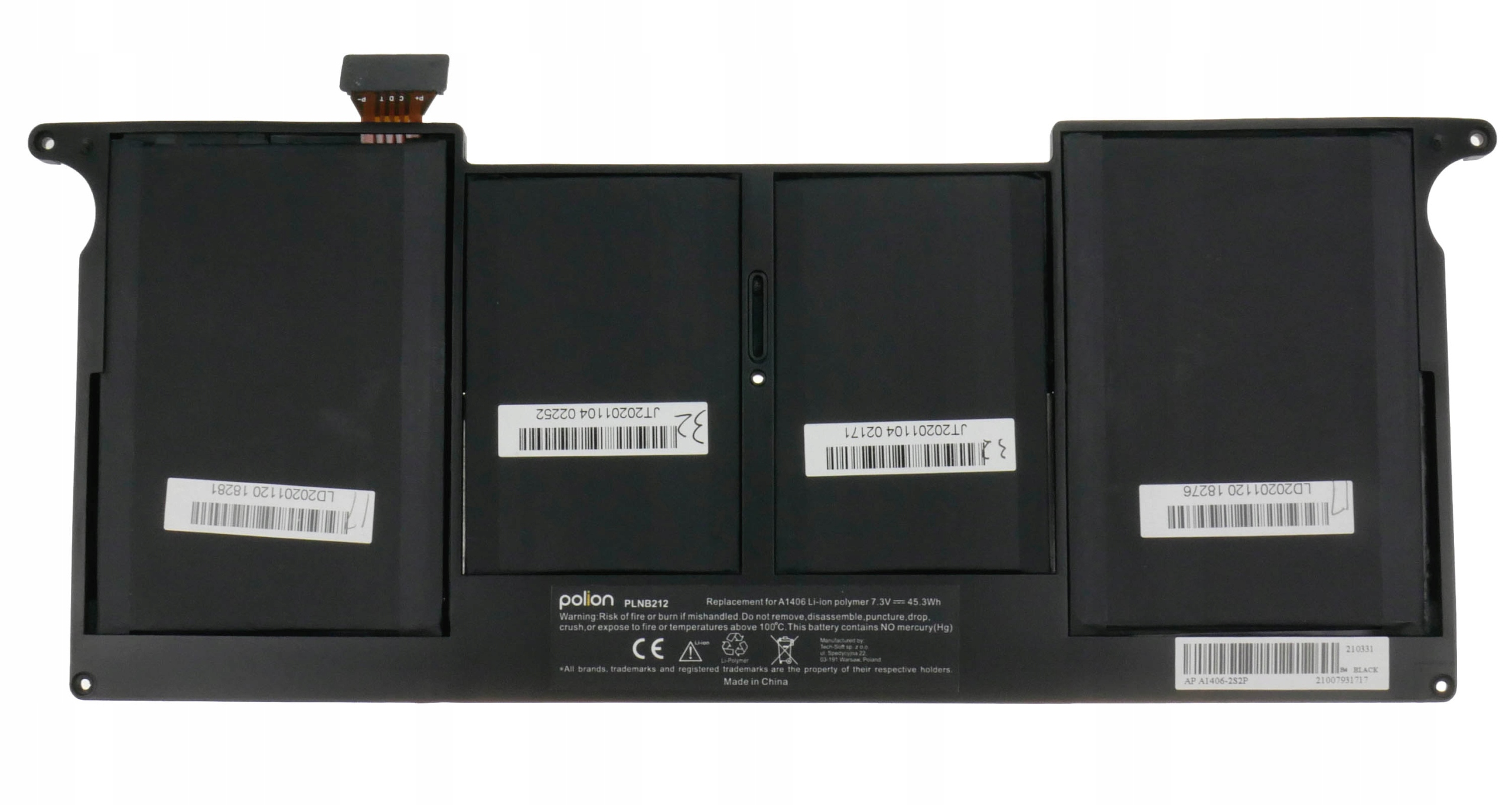 Czarna bateria do laptopa z etykietami i kablem złączającym.