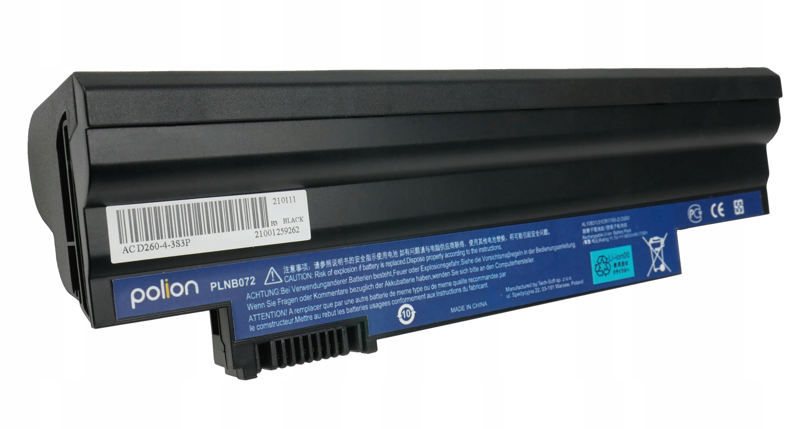 Czarna bateria do laptopa z etykietami i symbolami ostrzegawczymi.