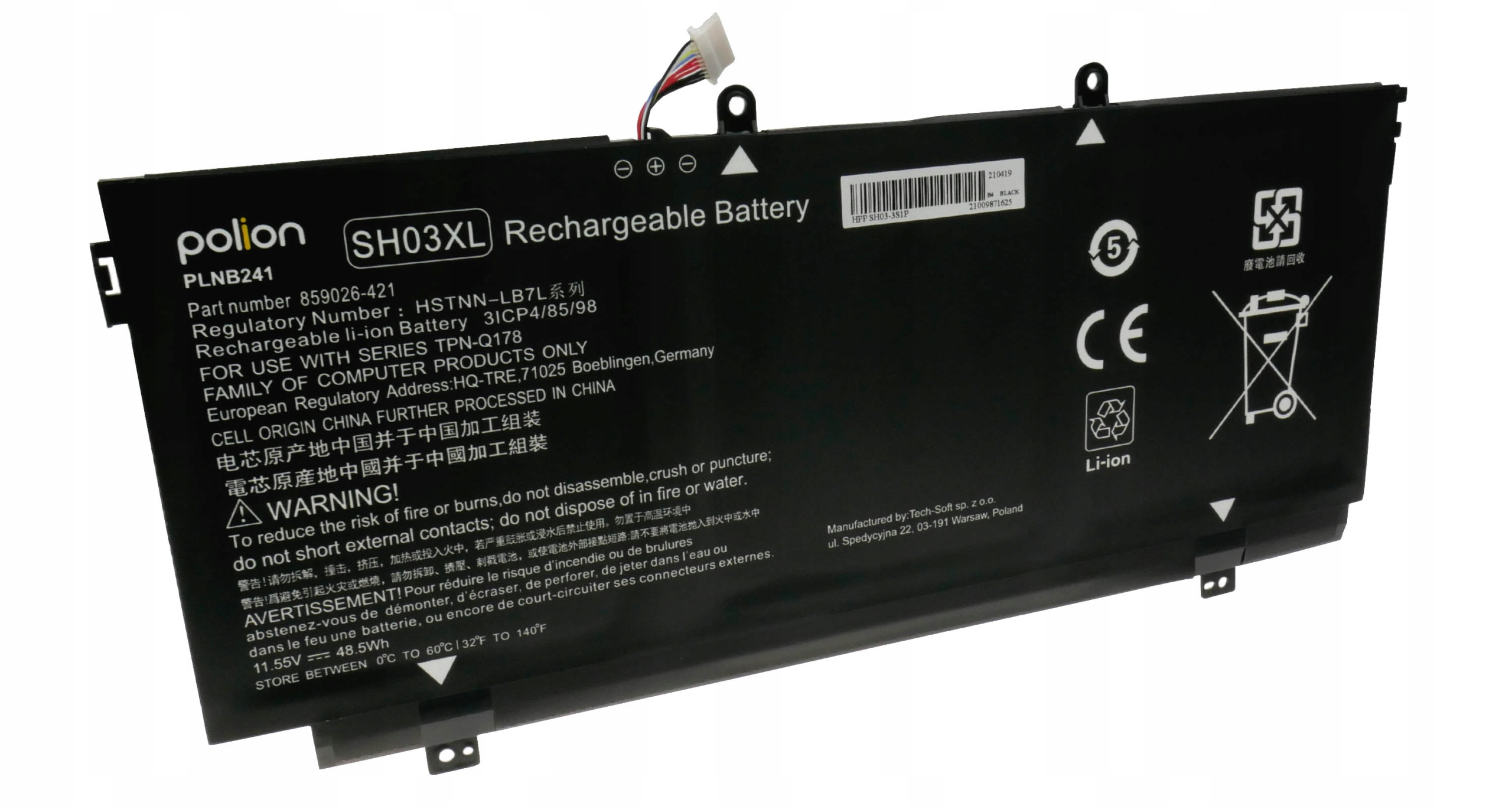 Czarna bateria do laptopa z logo Polion, model SH03XL, wskaźniki ładowania.