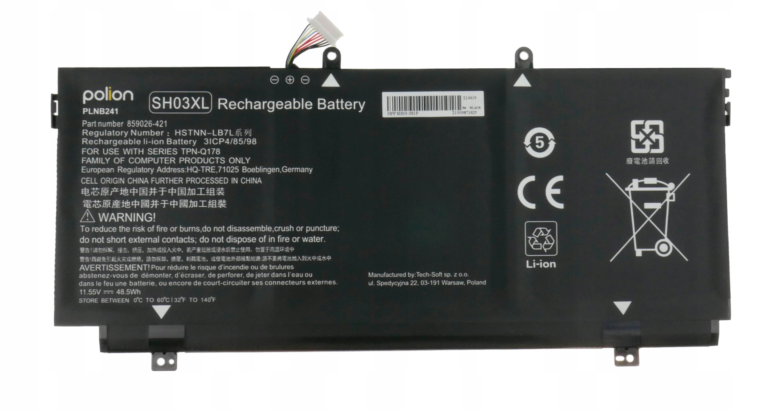 Czarna bateria litowo-jonowa z kablem i symbolami ostrzegawczymi.