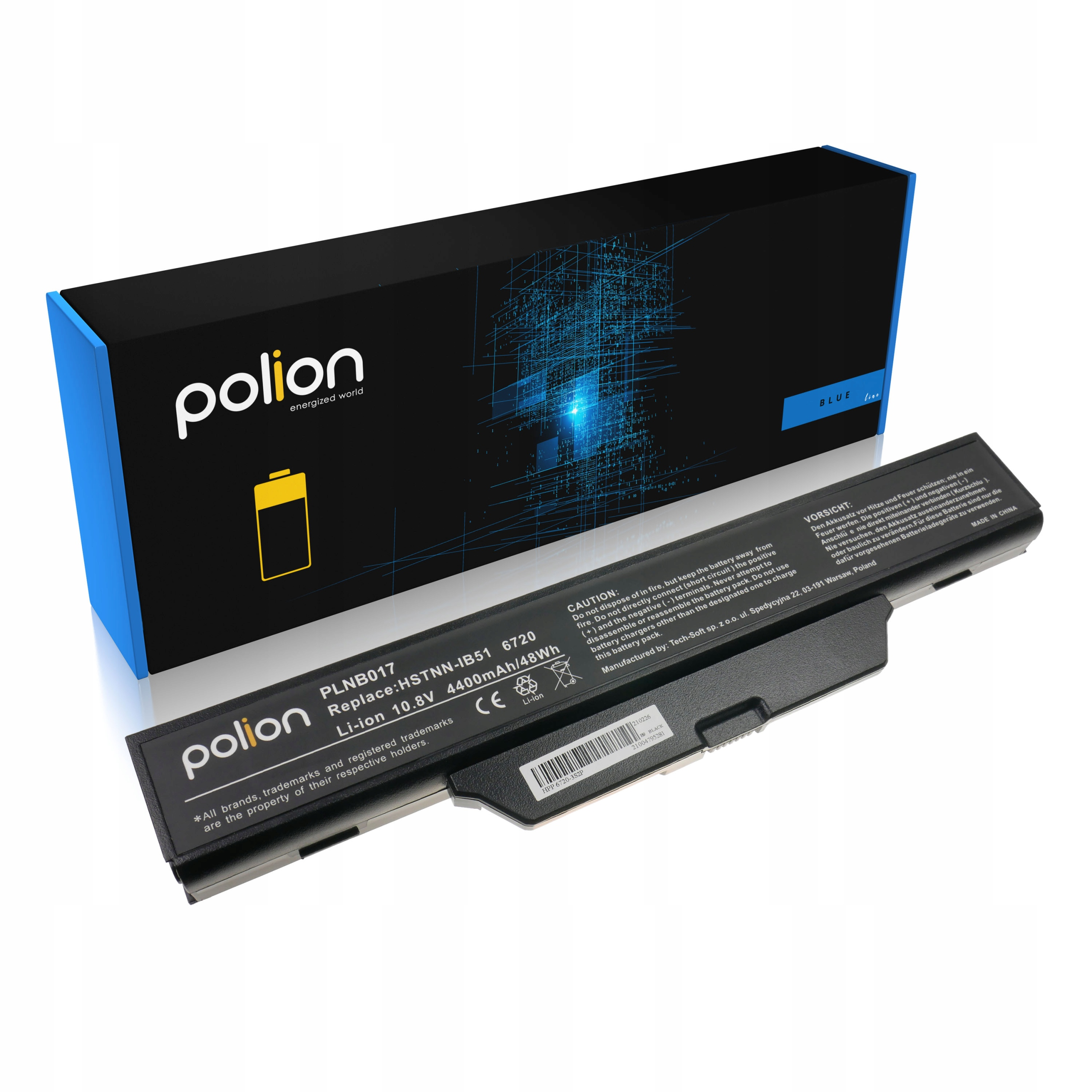 Czarna bateria do laptopa z niebieskim opakowaniem, logo Polion i tekstem ostrzegawczym.