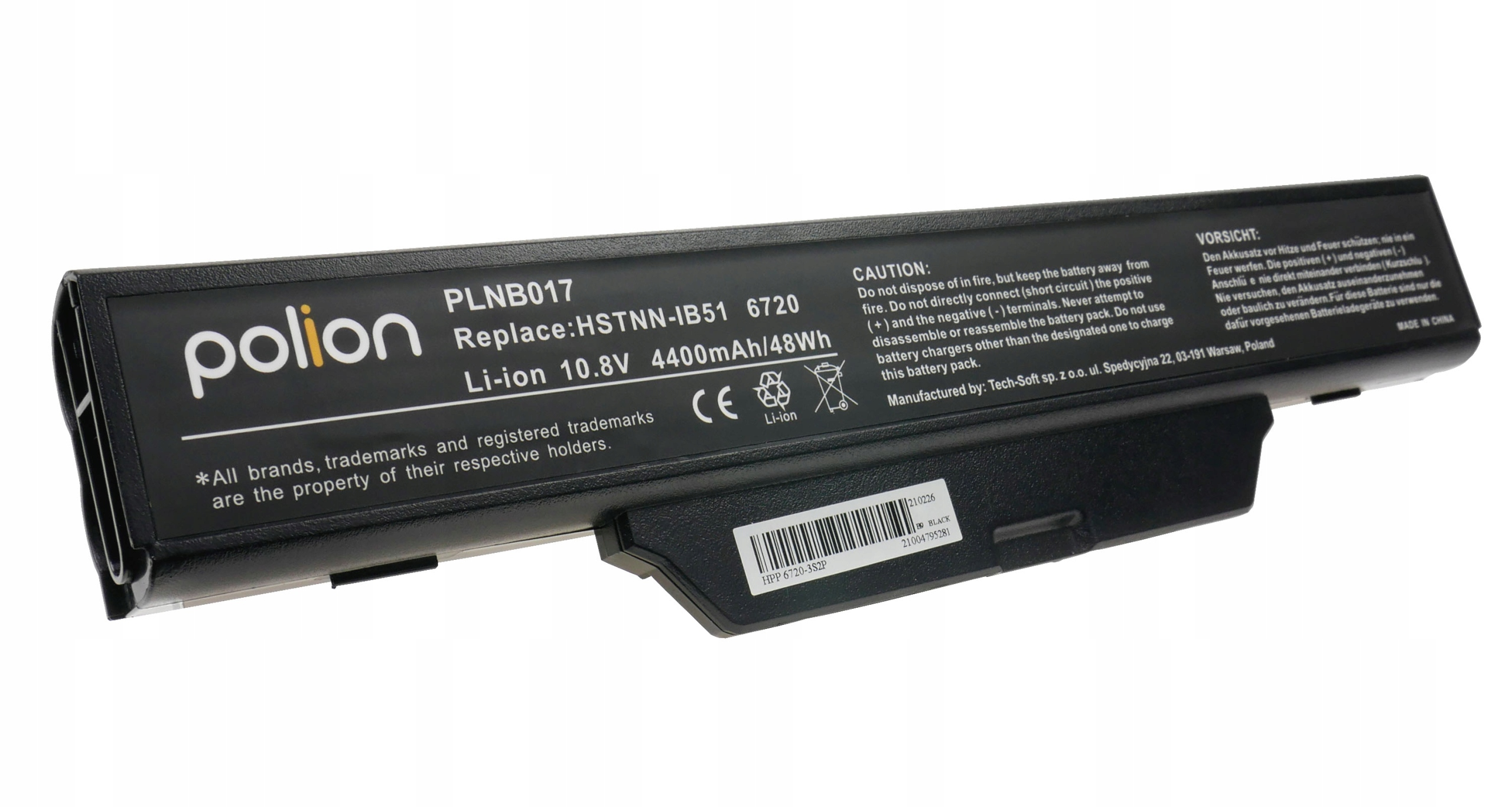 Czarna bateria Li-Ion z etykietą PLNB017, 10.8V 4400mAh.