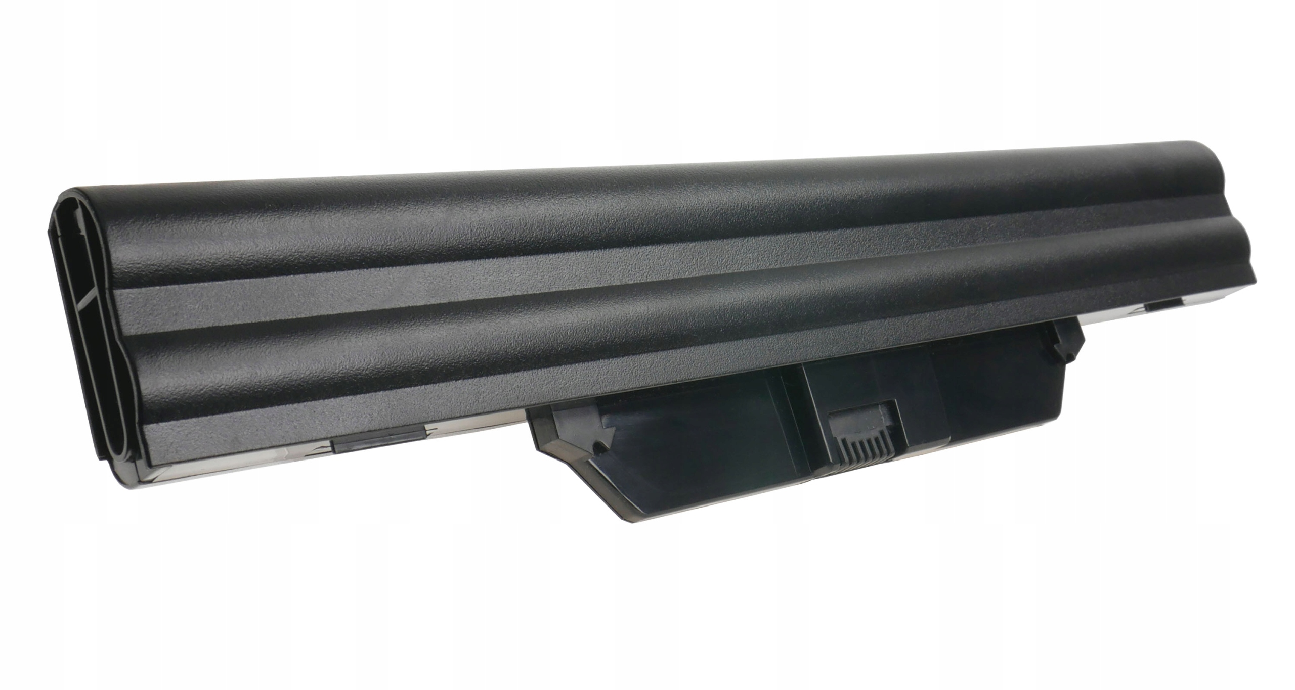 Czarna bateria do laptopa z karbowaną obudową, na białym tle.