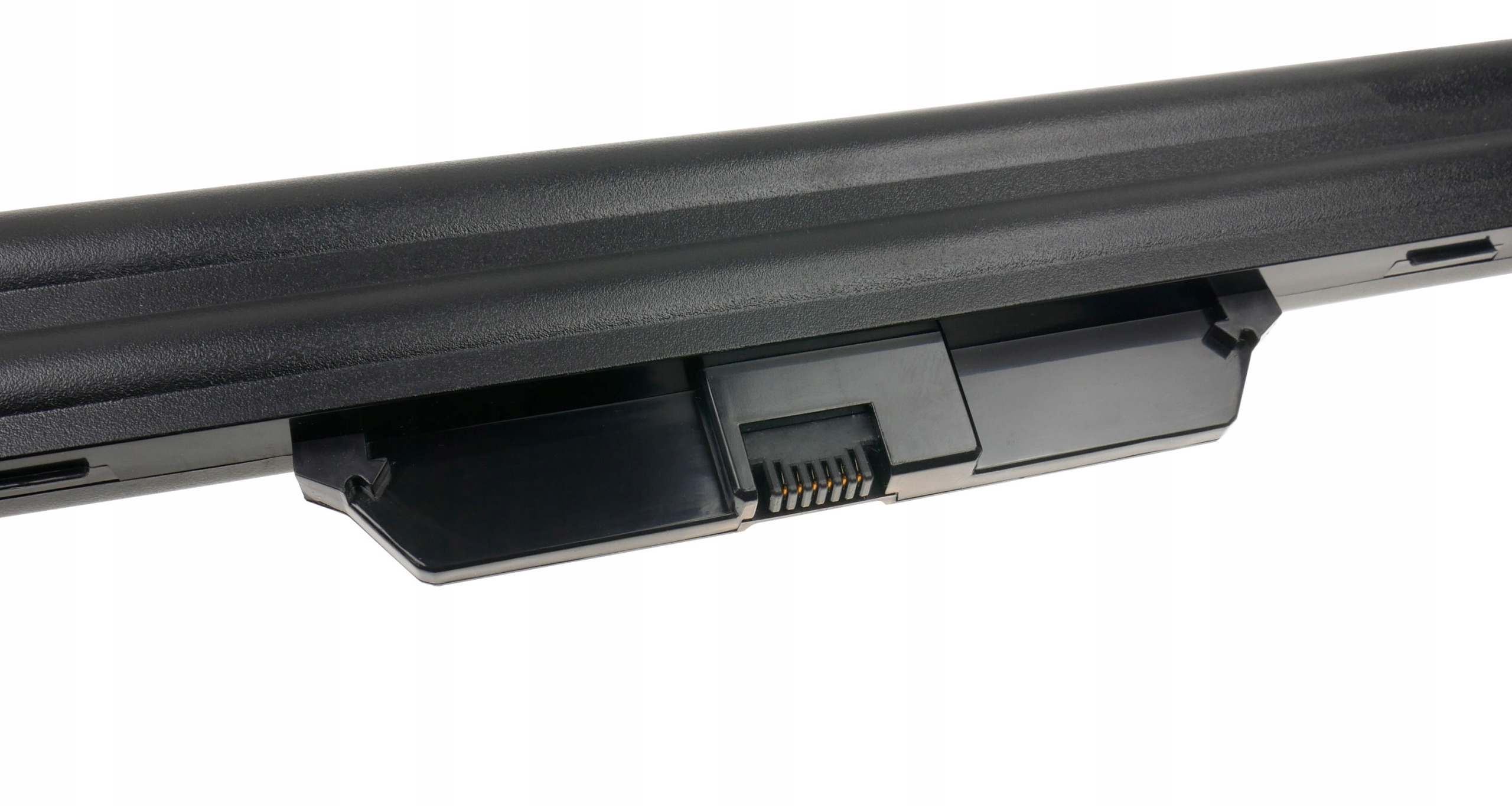 Czarna bateria do laptopa z widocznymi pinami i złączem.