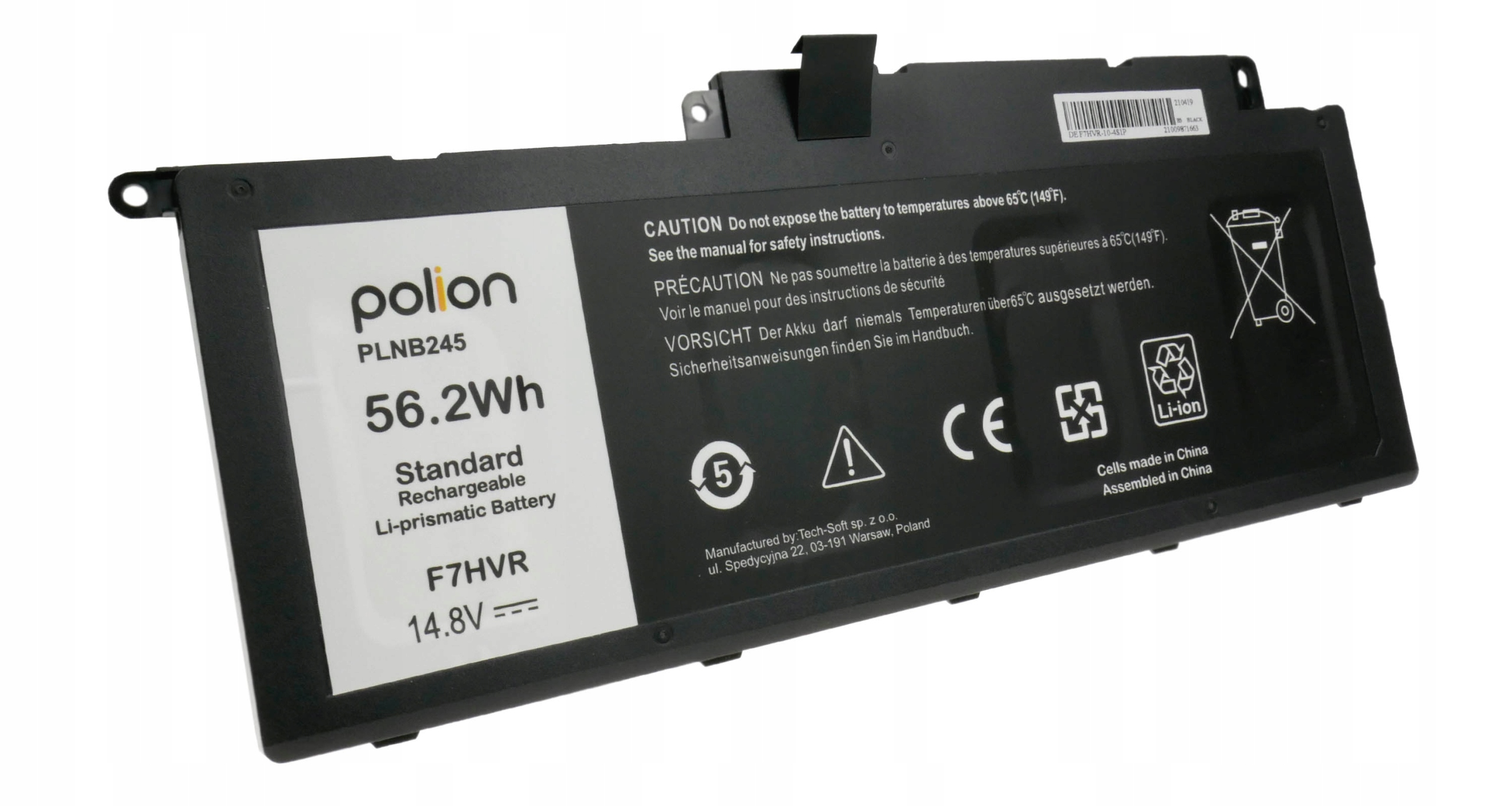 Czarna bateria Li-ion, 56.2Wh, 14.8V, marka Polion, model PLNB245, F7HVR.