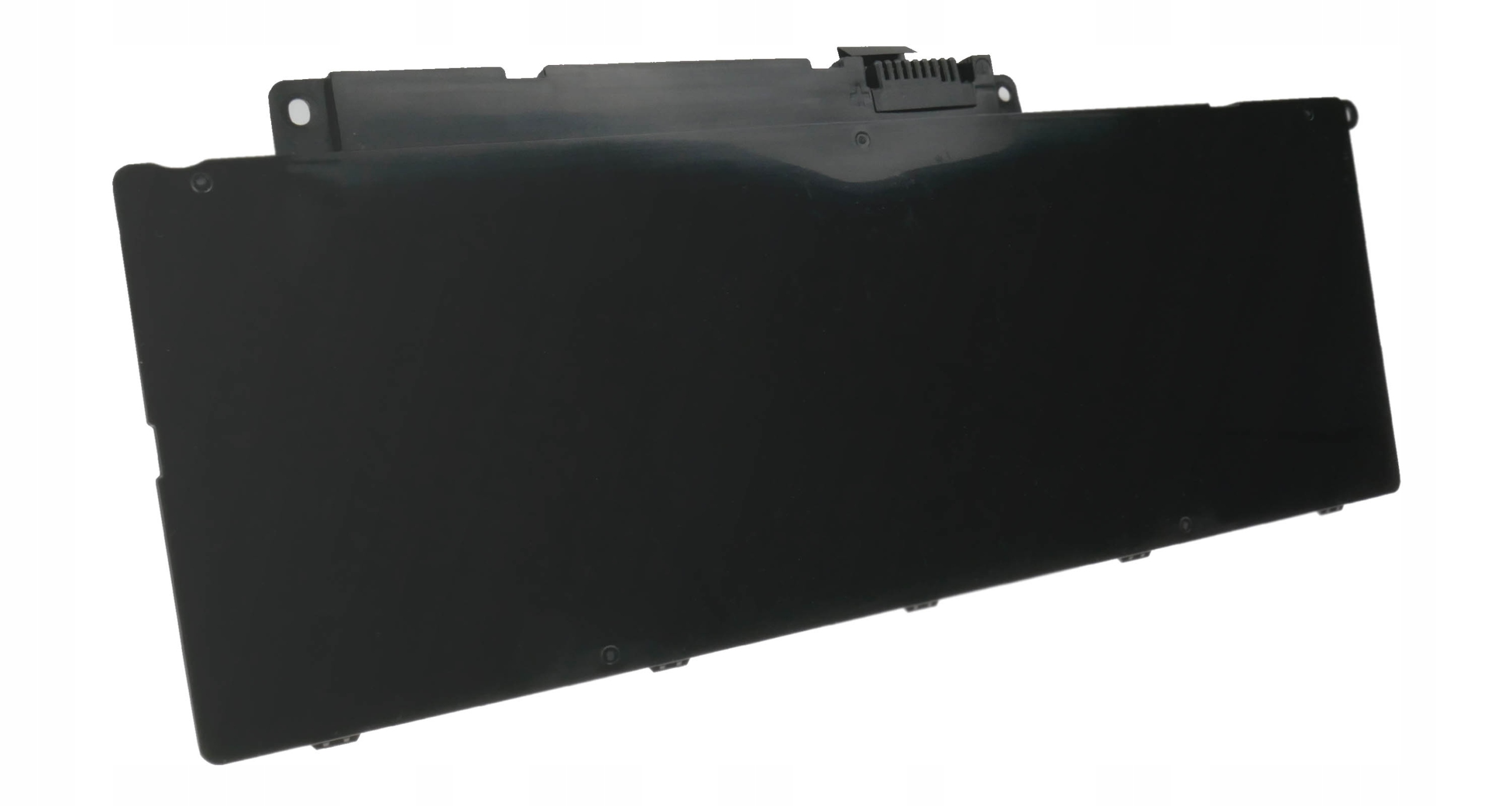 Czarna bateria do laptopa ze złączami po jednej stronie, na białym tle.