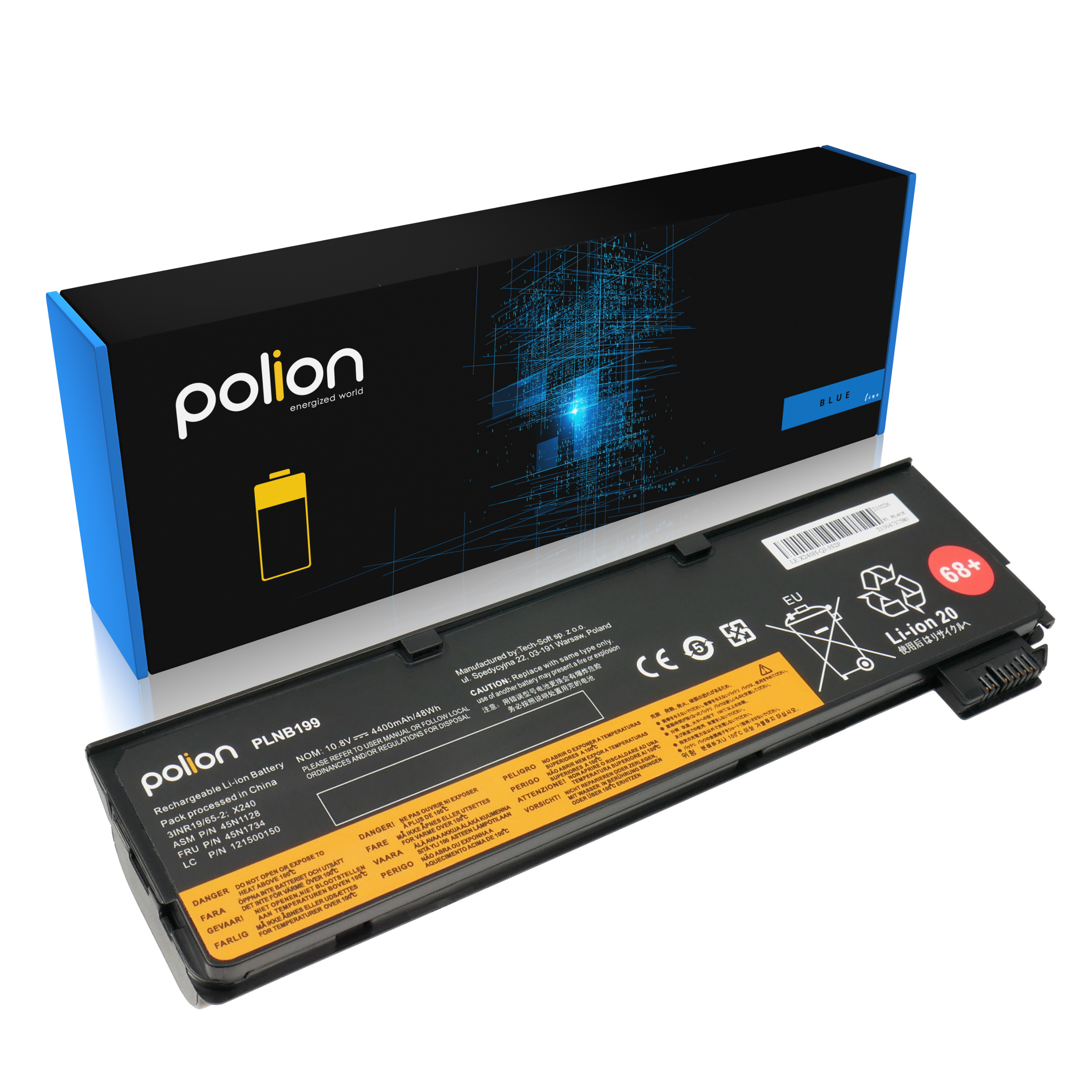 Bateria Polion PLNB199 Li-ion, 4400mAh, z ostrzeżeniami.