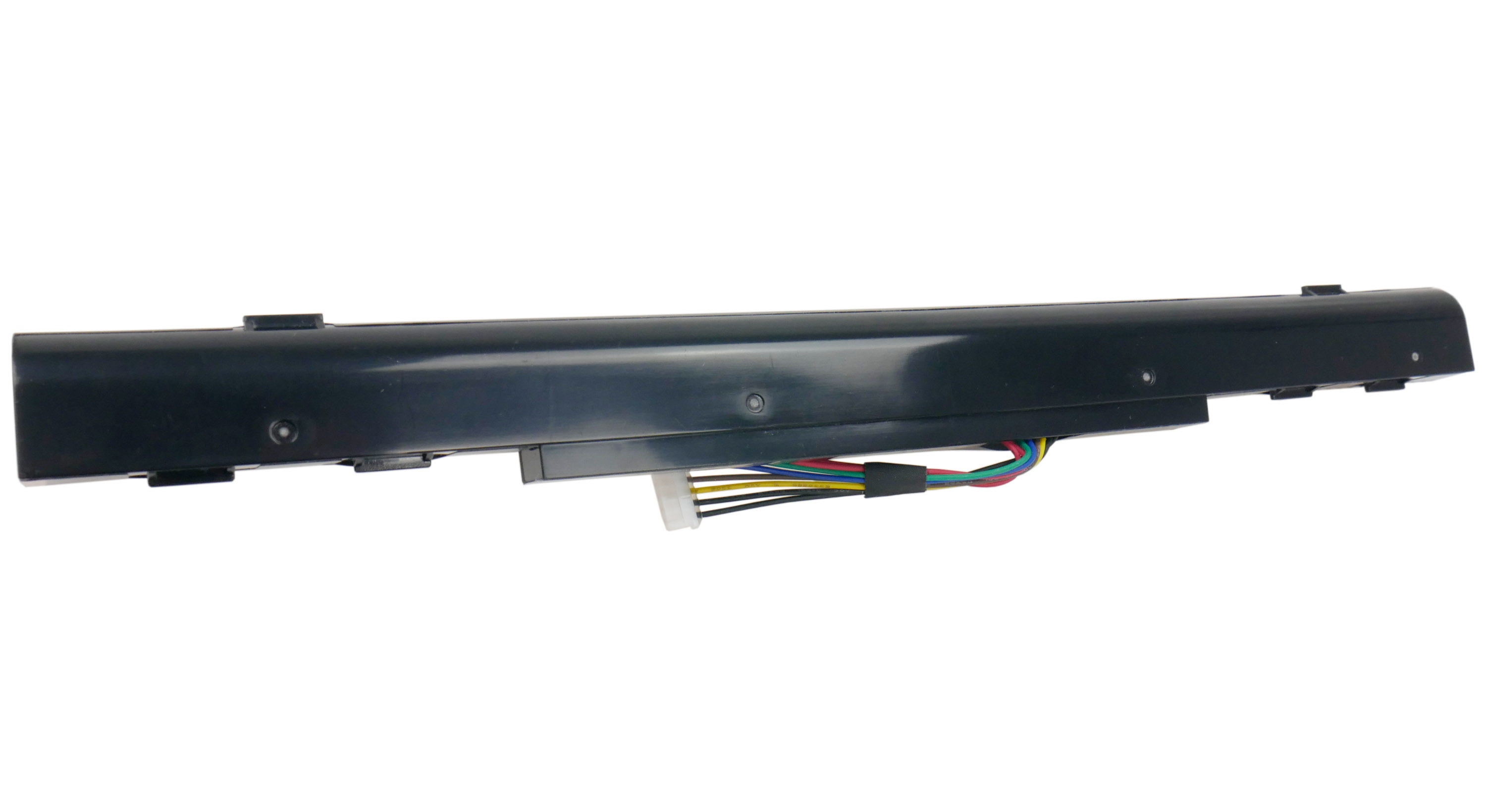 Czarna bateria do laptopa z kolorowymi przewodami i białym złączem.