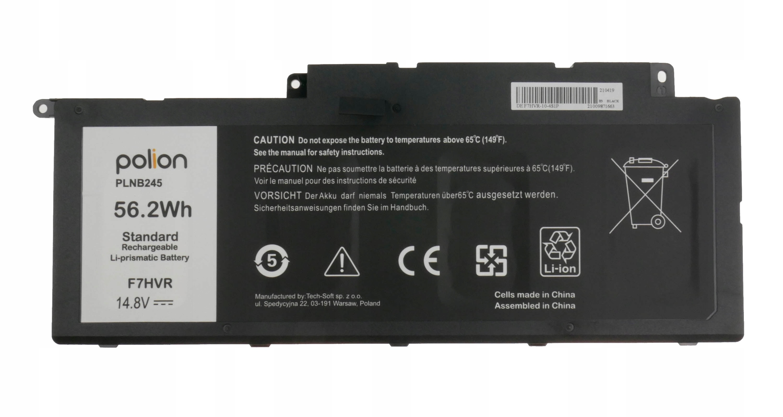 Czarna bateria litowo-jonowa Polion PLNB245, 56.2Wh, 14.8V.