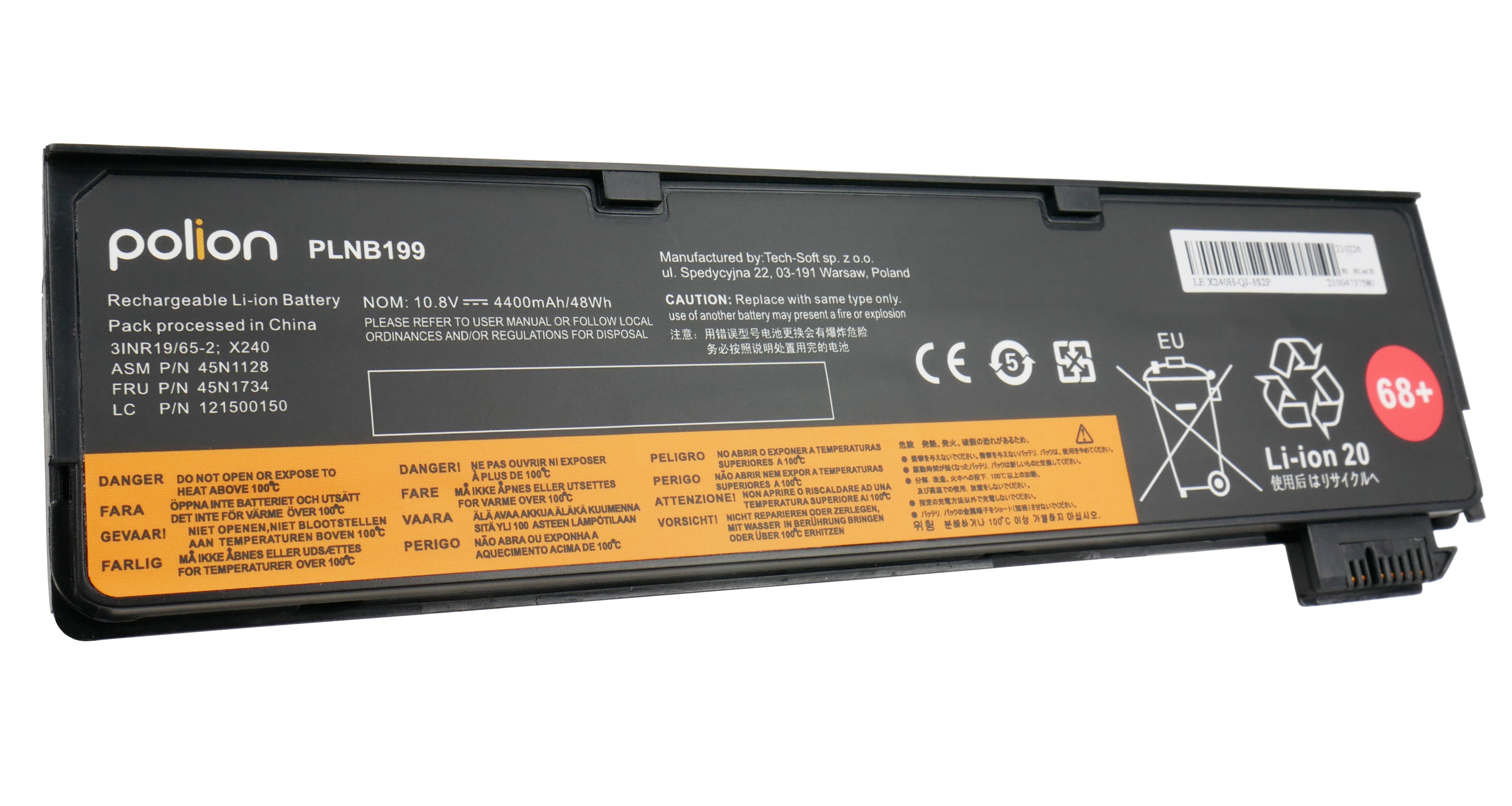 Czarna bateria litowo-jonowa z tekstem, symbolami ostrzegawczymi i czerwonym kółkiem 68+.