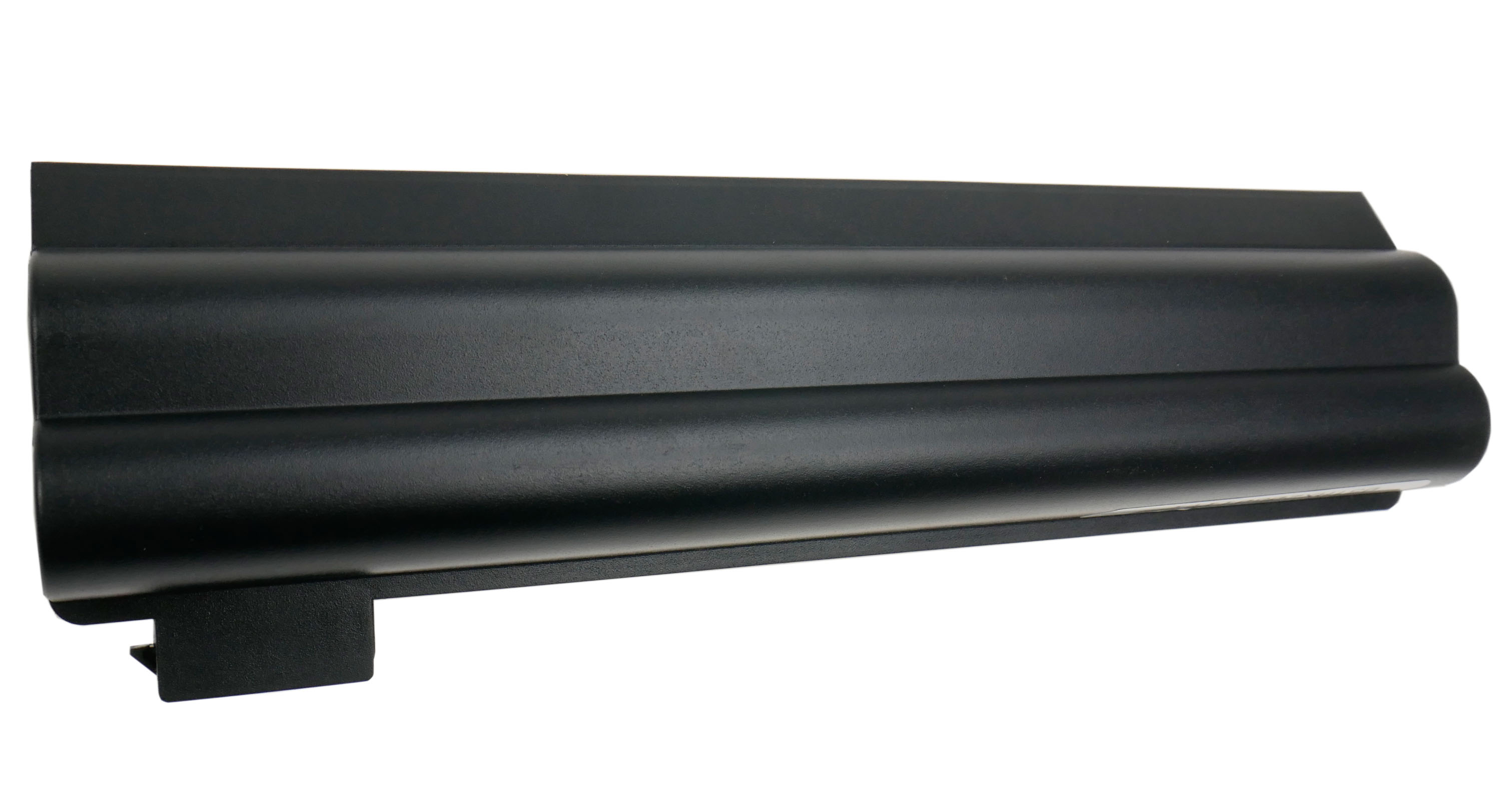 Czarna bateria laptopa z zaokrąglonymi krawędziami i złączem.