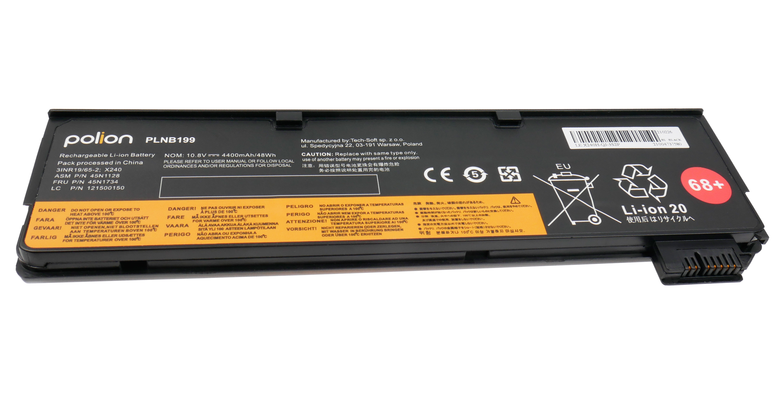 Czarna bateria litowo-jonowa z oznaczeniem Polion PLNB199 i symbolami ostrzegawczymi.