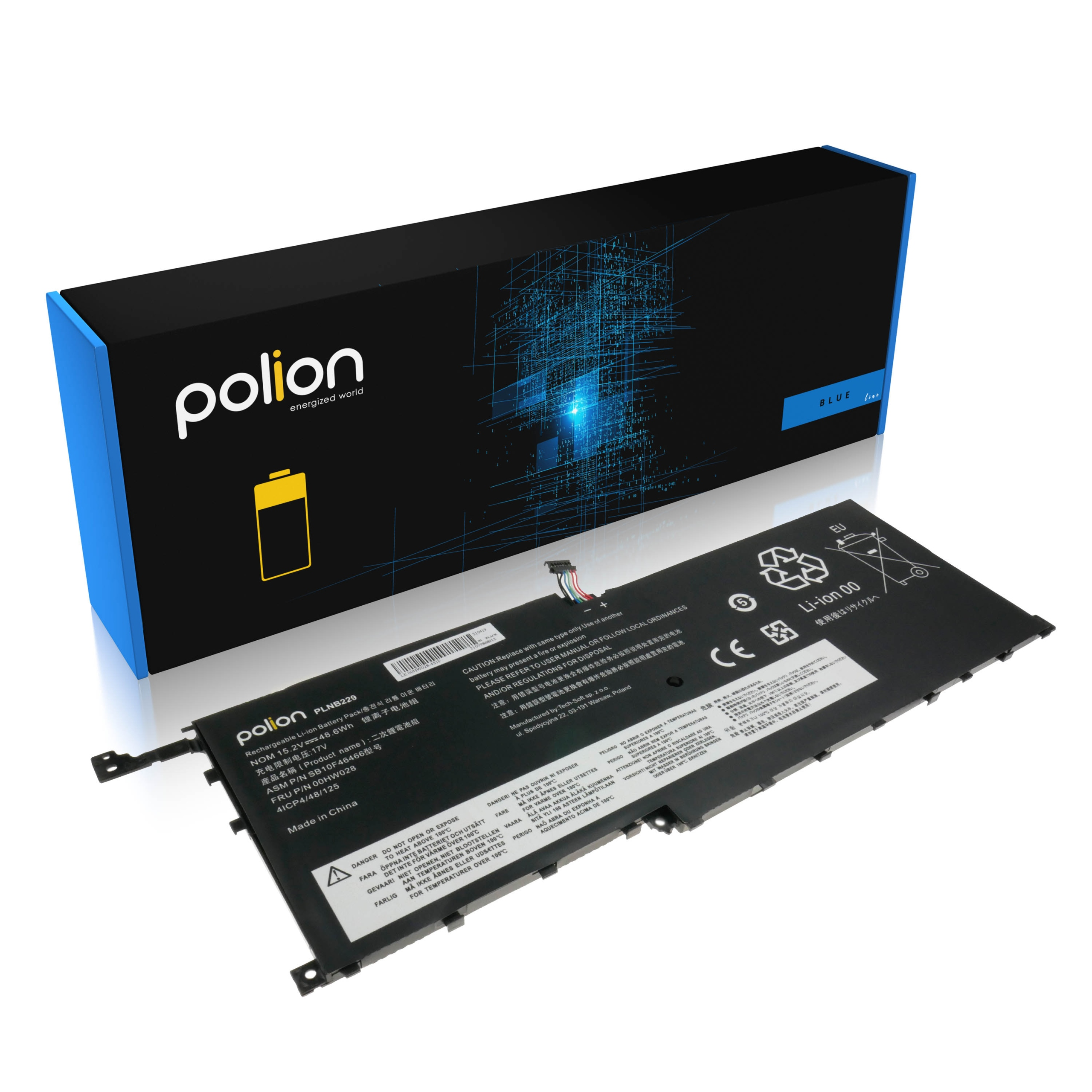 Czarny akumulator do laptopa z niebieskim opakowaniem w tle.