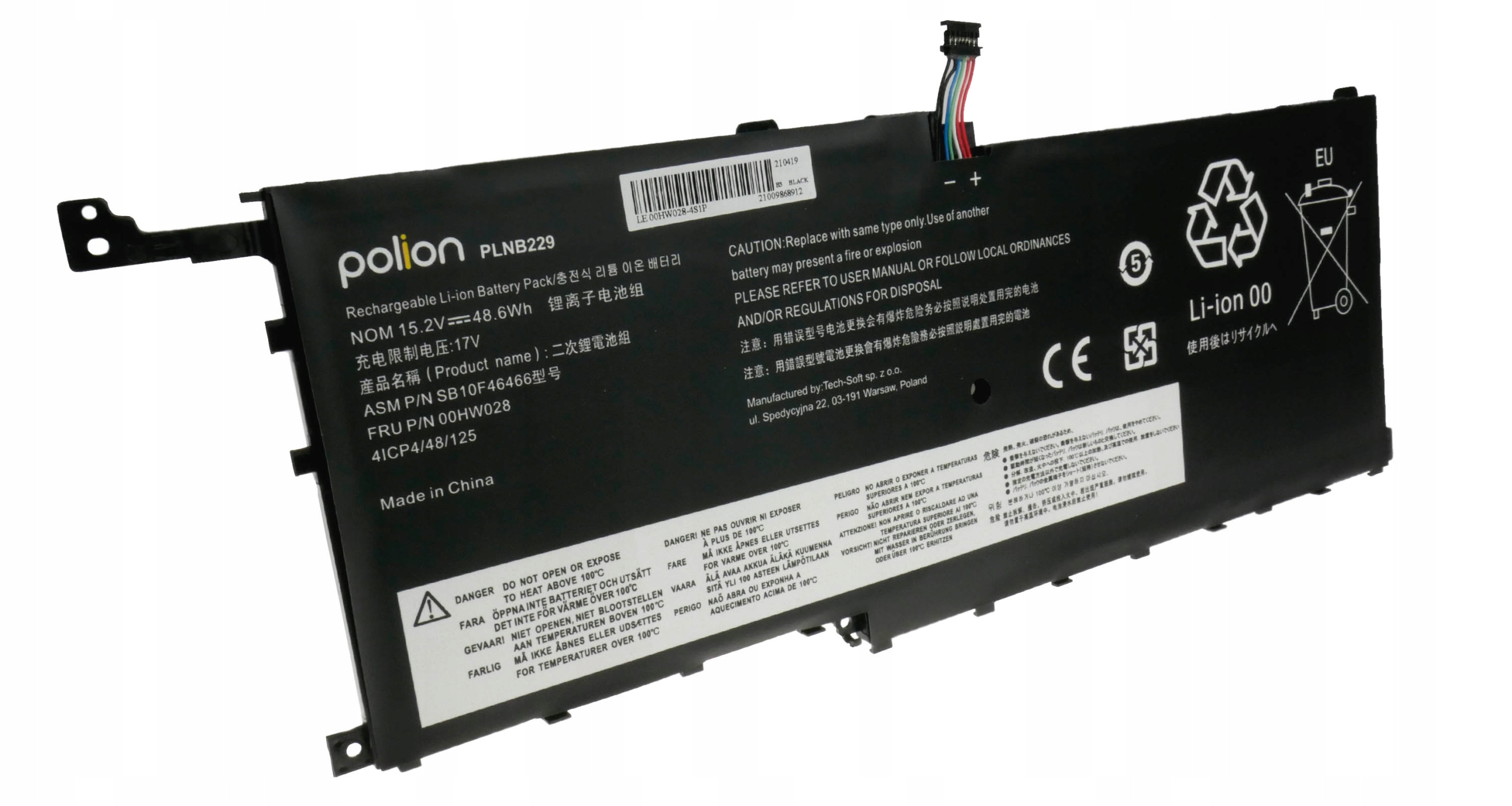 Czarny akumulator Li-ion z białym napisem, symbolami ostrzegawczymi i złączem.