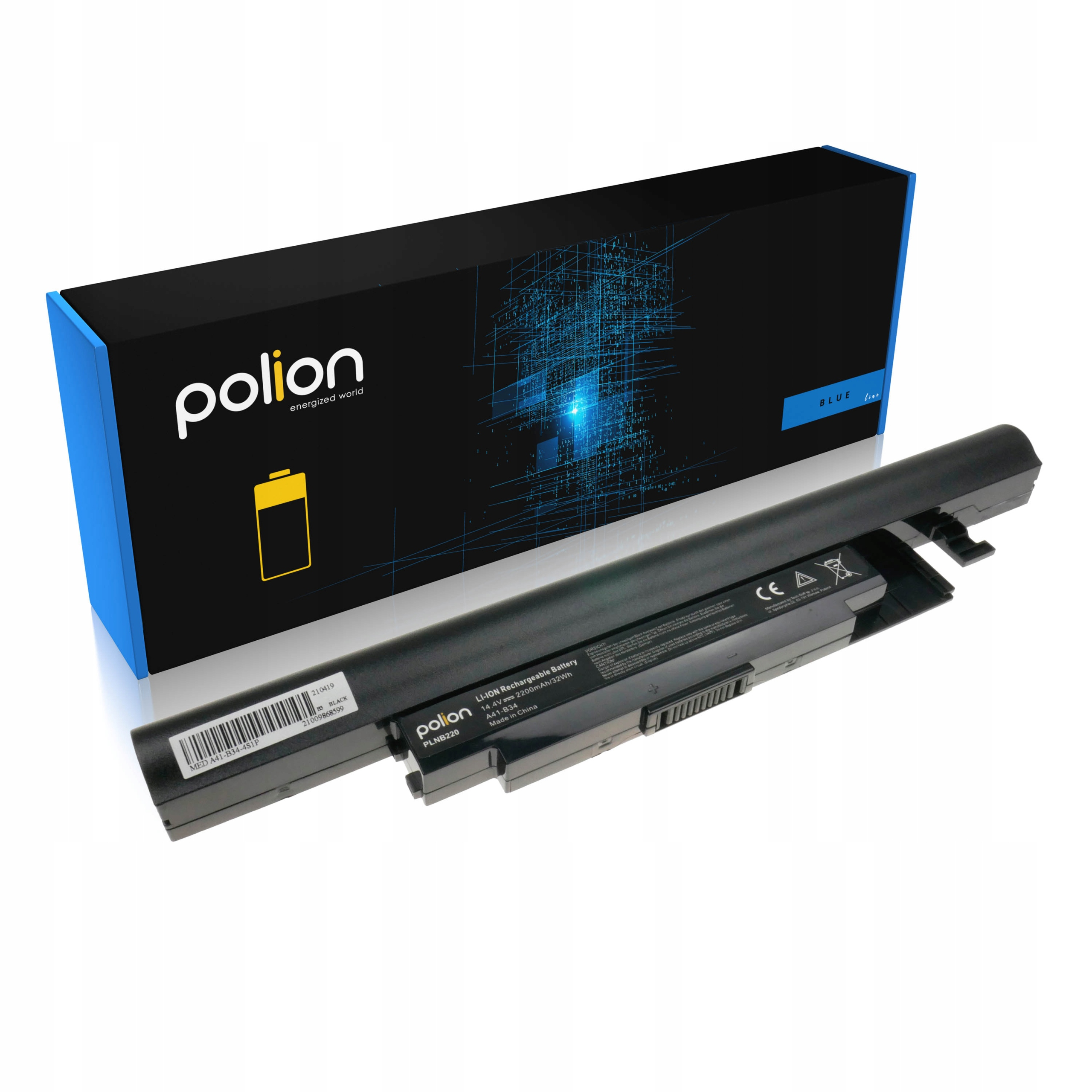 Czarna bateria do laptopa Polion leży obok opakowania.
