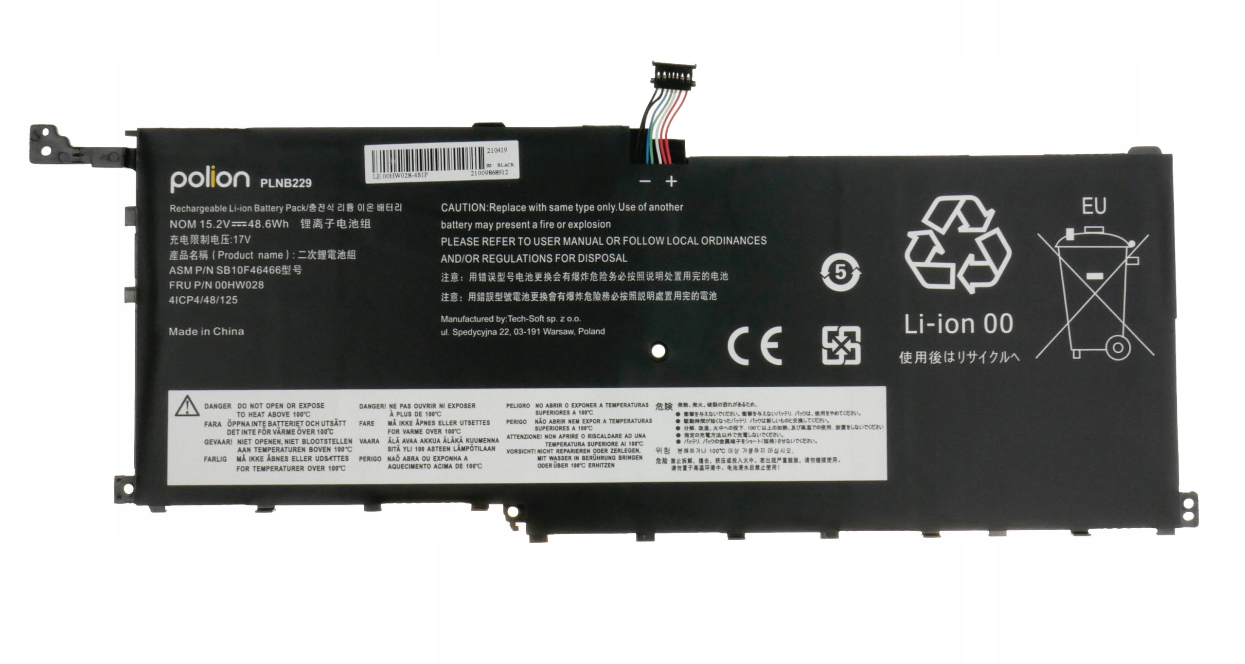 Czarna bateria litowo-jonowa PLNB229 ze złączami i etykietami ostrzegawczymi.