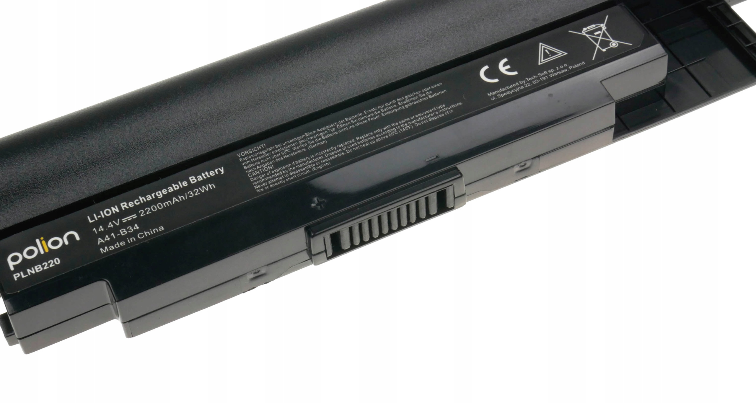 Czarna bateria do laptopa z napisami: Polion, PLNB220, LI-ION, 14.4V, 2200mAh/32Wh.