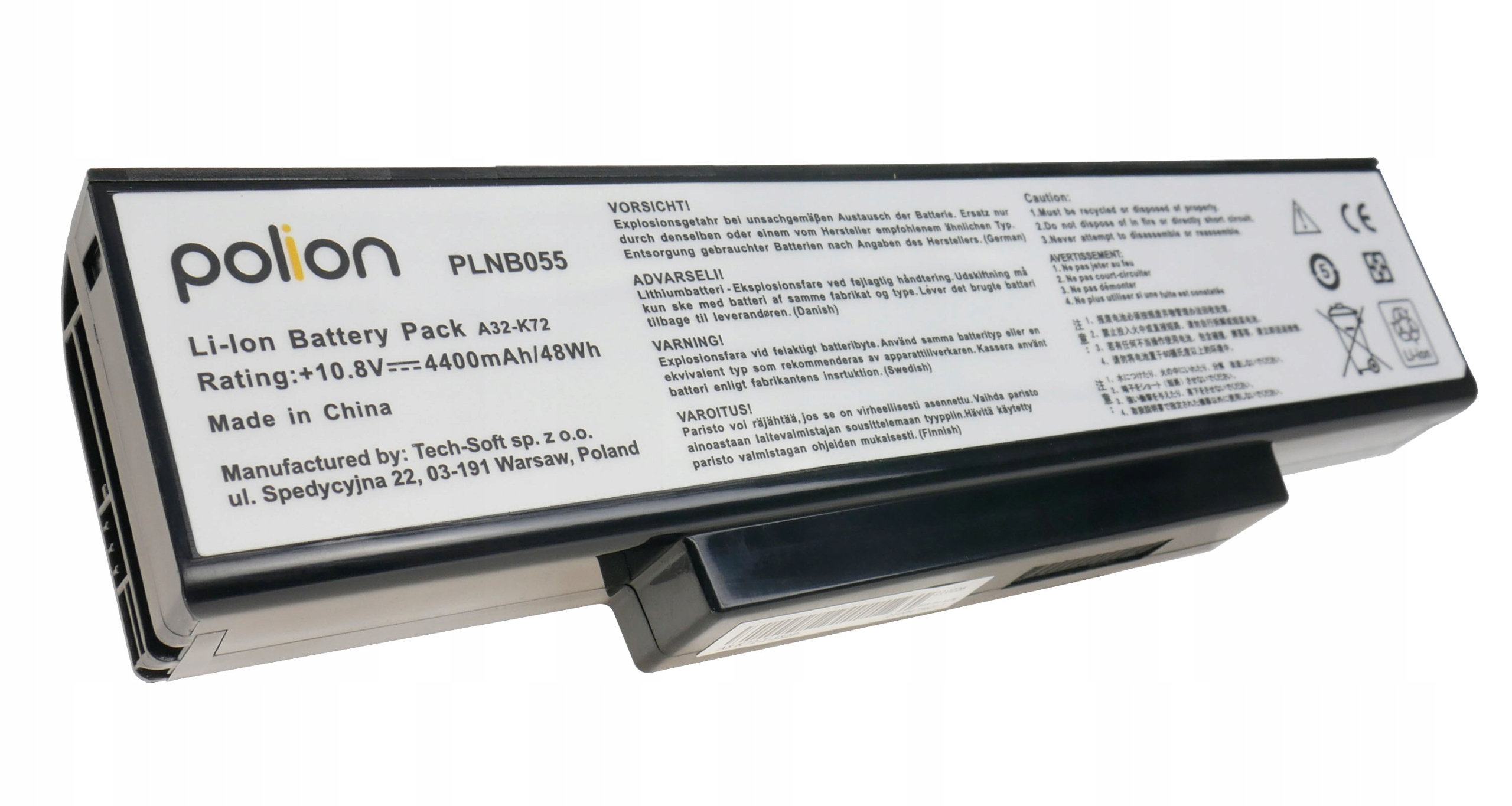 Czarny akumulator Li-Ion z białym etykietą zawierającym specyfikacje i ostrzeżenia.