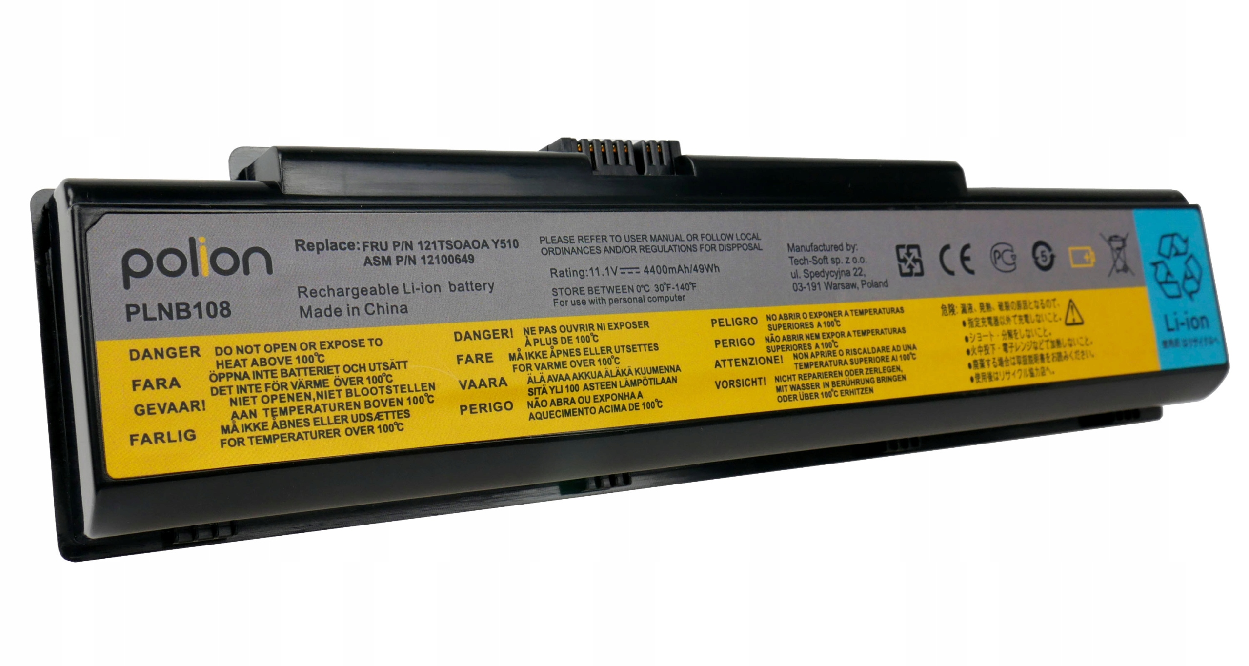 Czarna bateria litowo-jonowa Polon PLNB108 z ostrzeżeniami i specyfikacjami.