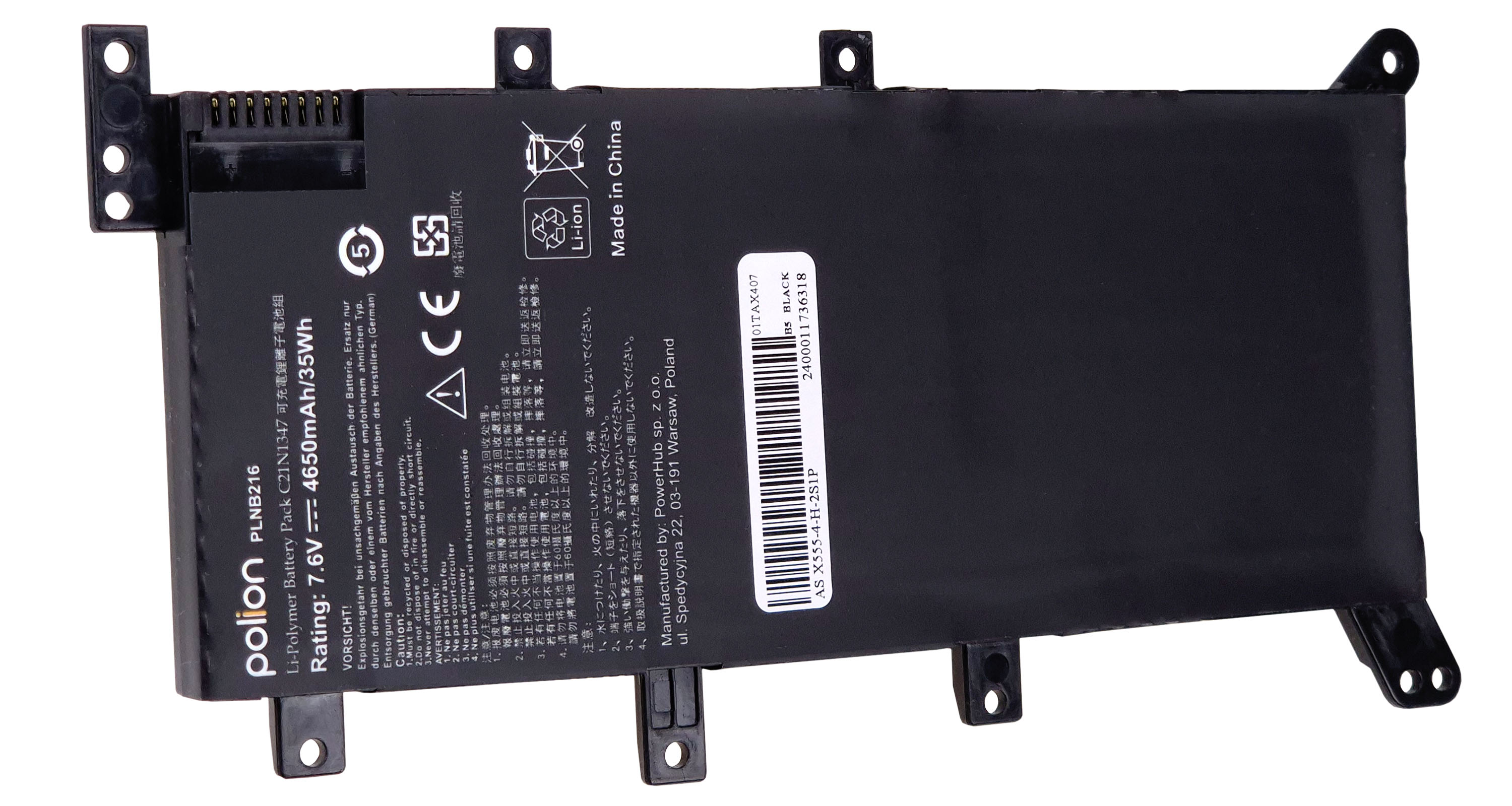 Czarna bateria do laptopa Polion, 7,6V, 4650mAh. Zawiera ostrzeżenia.