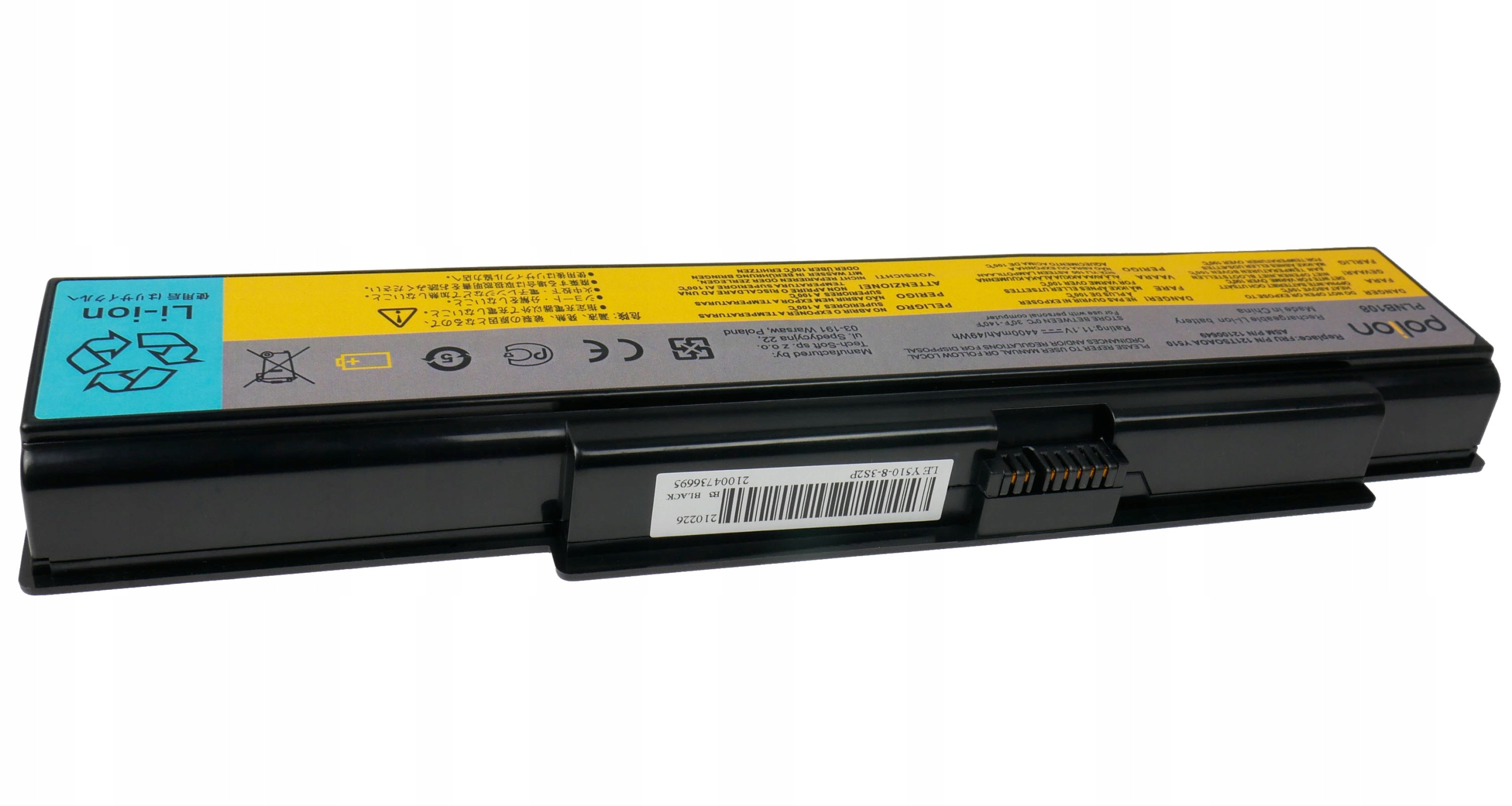 Czarny akumulator litowo-jonowy z żółtą etykietą ostrzegawczą i symbolami.