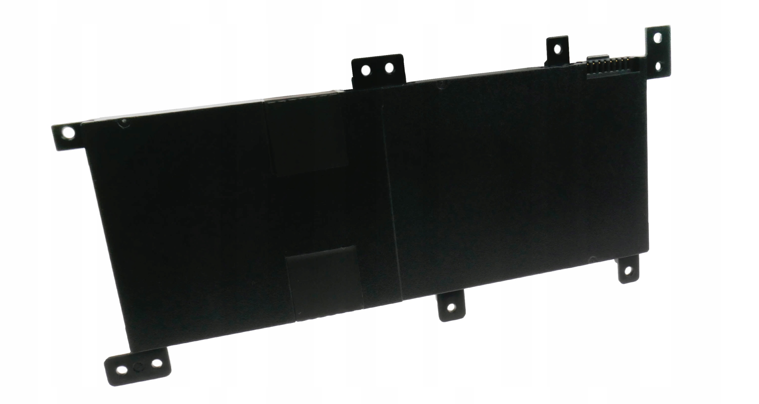 Czarna bateria do laptopa z otworami montażowymi i złączem.