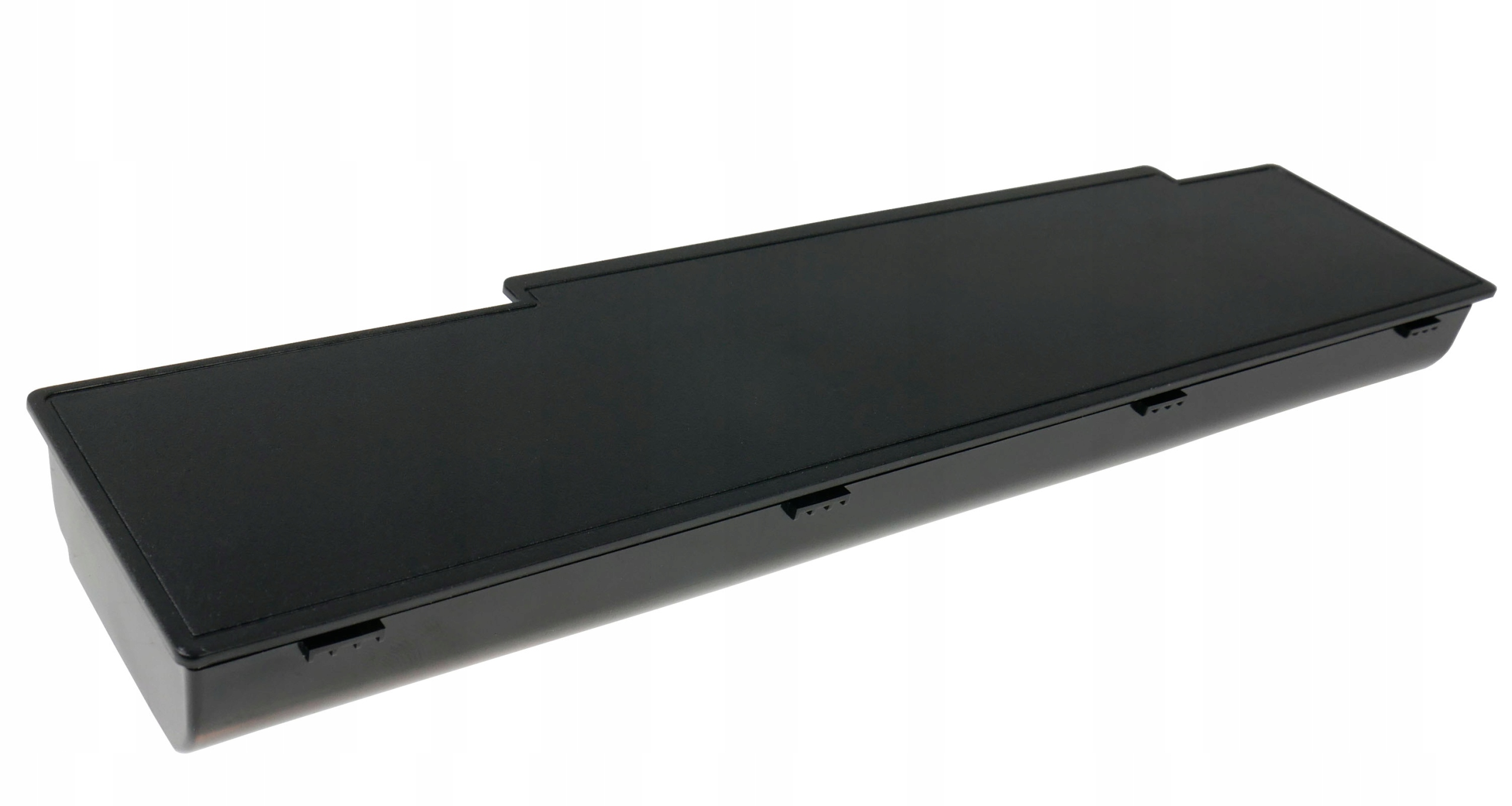 Czarna prostokątna bateria z zaokrąglonymi rogami na białym tle.