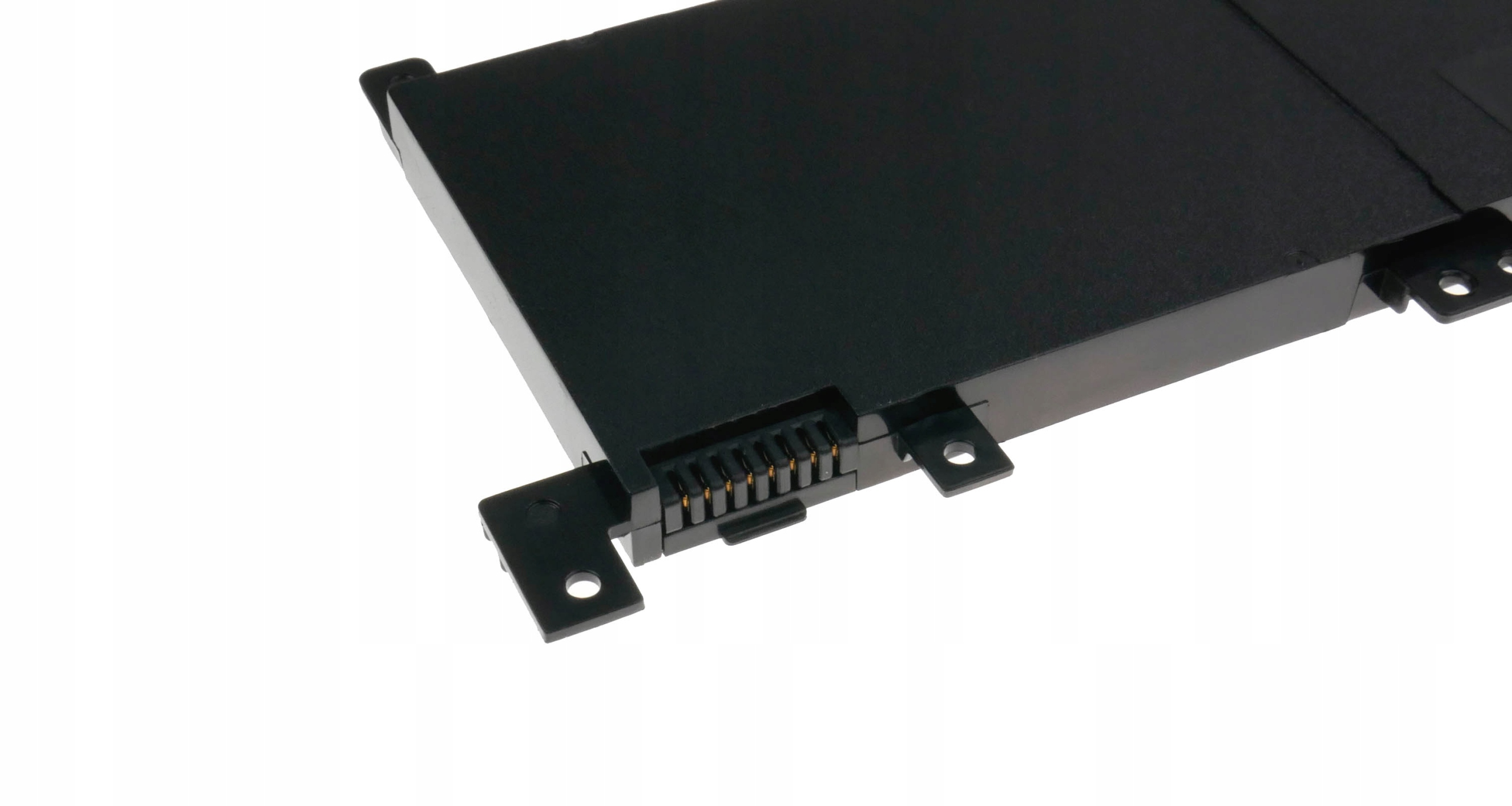 Czarna bateria do laptopa ze złotymi stykami i wspornikami.