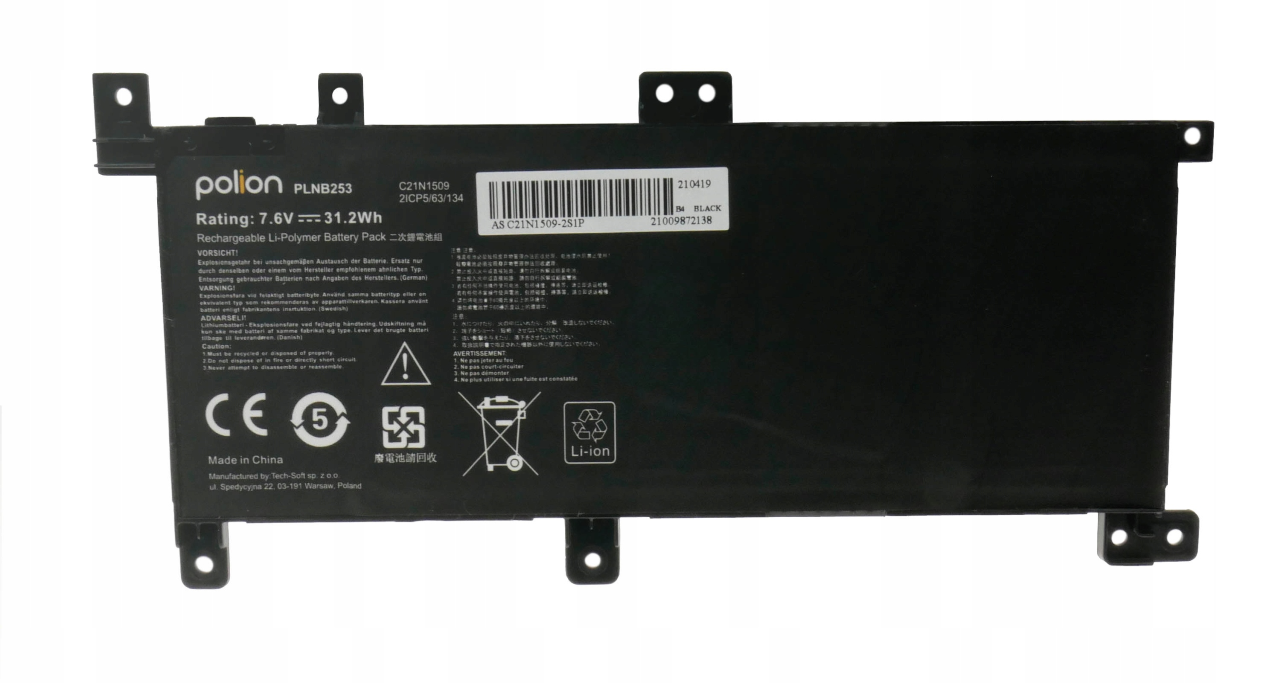 Czarna bateria, polion PLNB253, 7.6V 31.2Wh, z ostrzeżeniami.