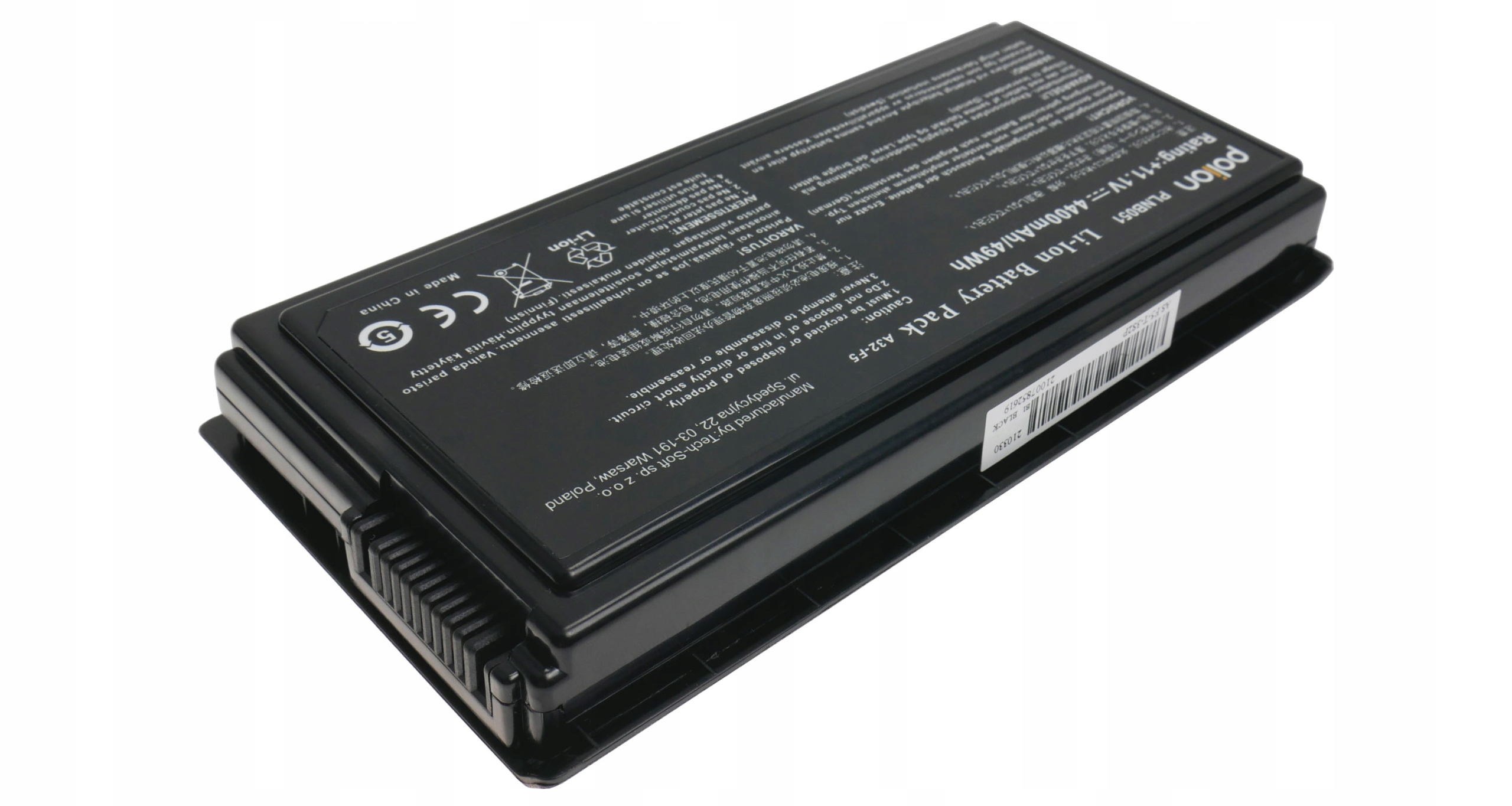 Czarny akumulator Li-Ion A32-F5, 4400mAh, 11.1V. Wyprodukowano w Chinach.