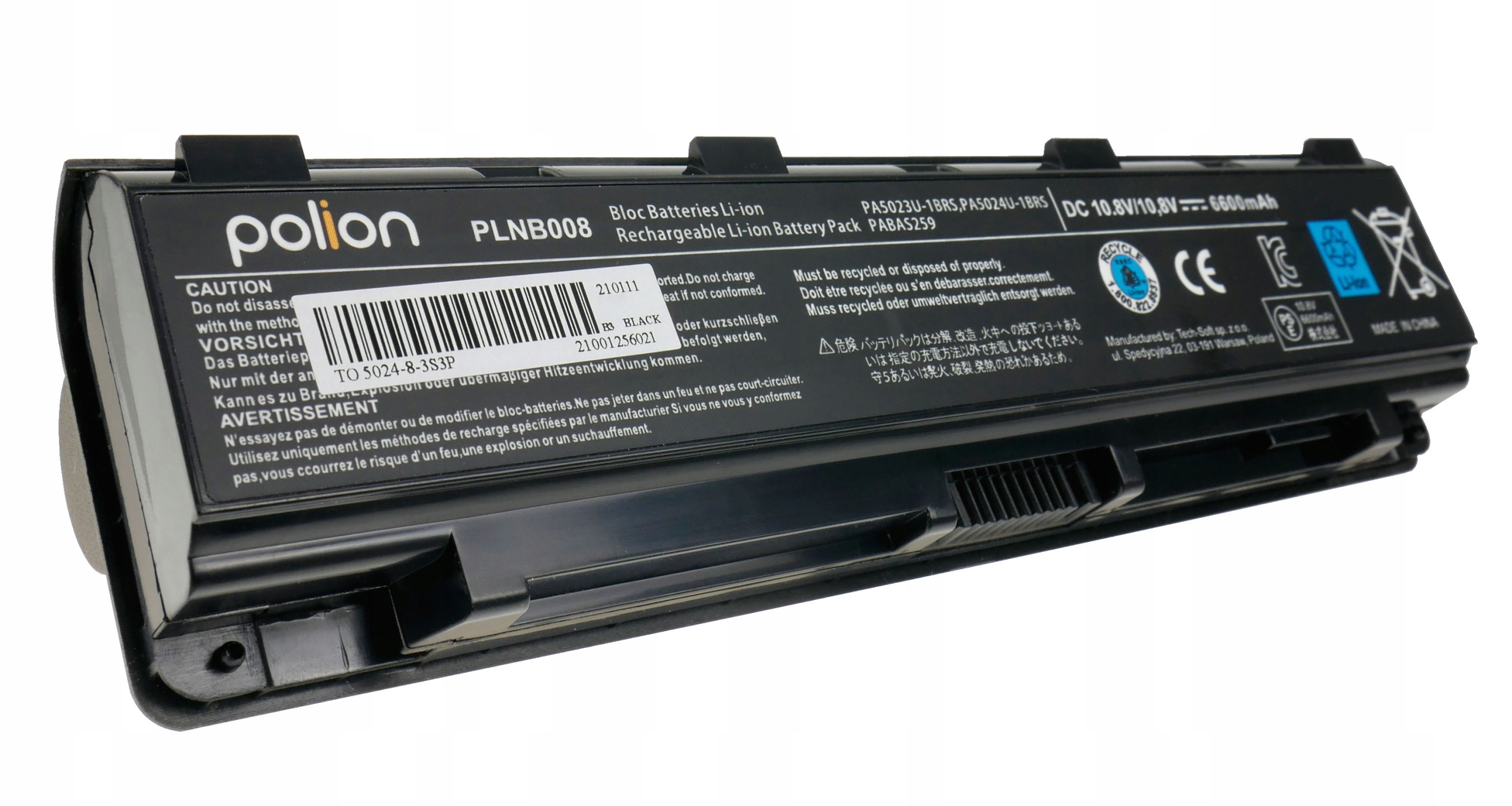 Czarna bateria litowo-jonowa Polion, model PLNB008, 6600mAh.