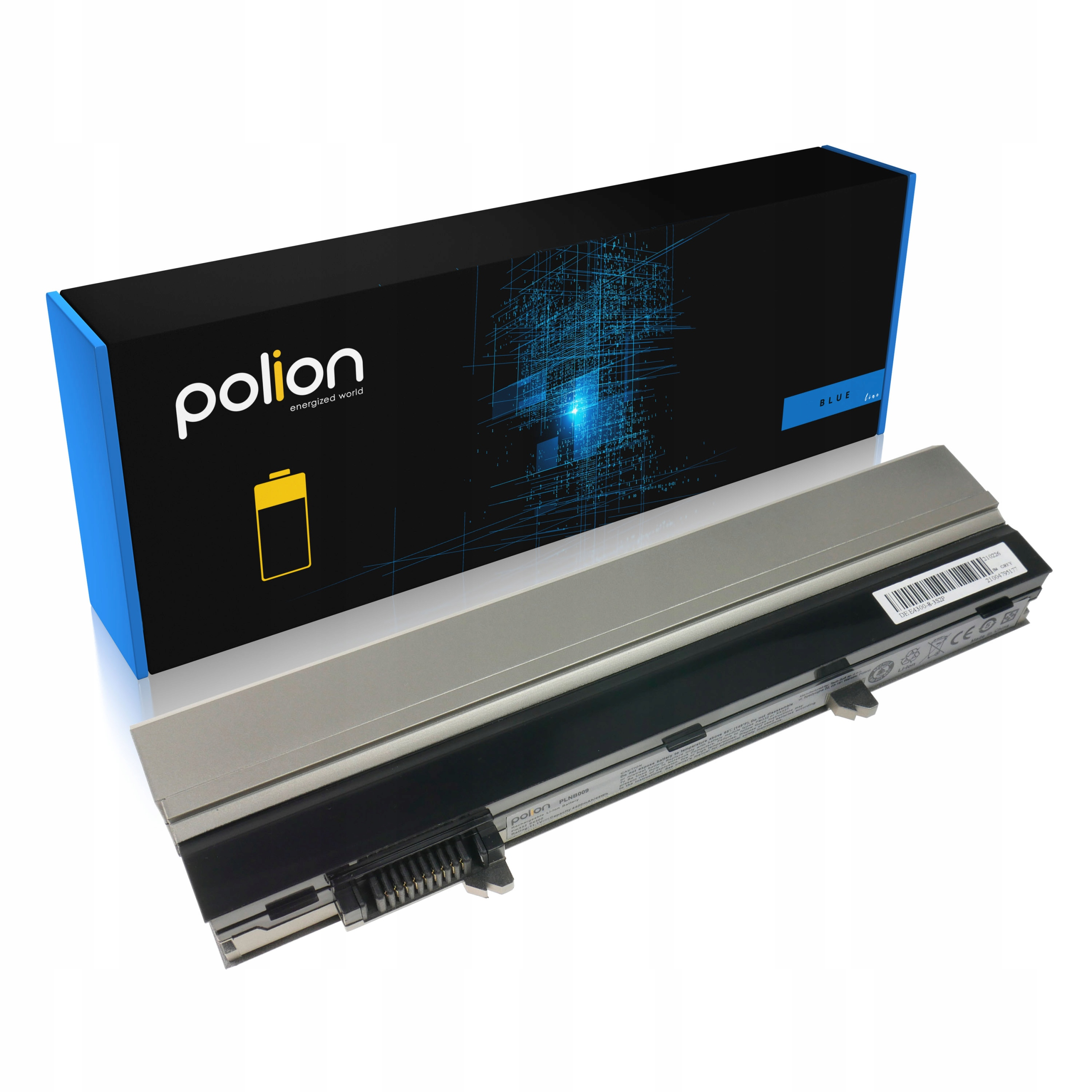 Bateria do laptopa leży przed czarnym pudełkiem z niebieskimi akcentami i logo Polion.
