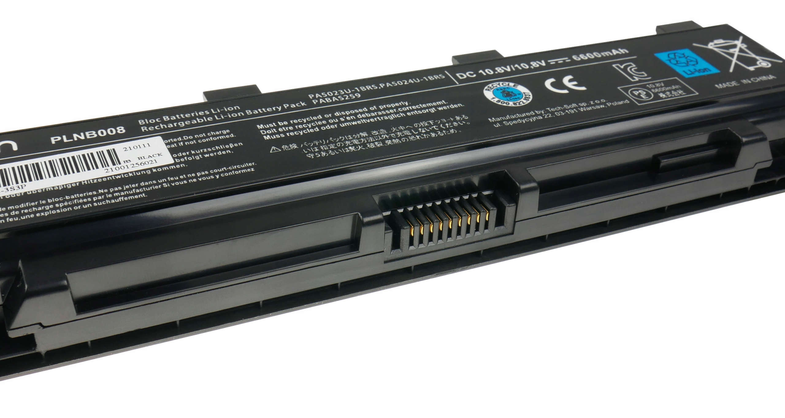 Czarny akumulator litowo-jonowy z oznaczeniem PLNB008, 6600mAh, 10.8V.