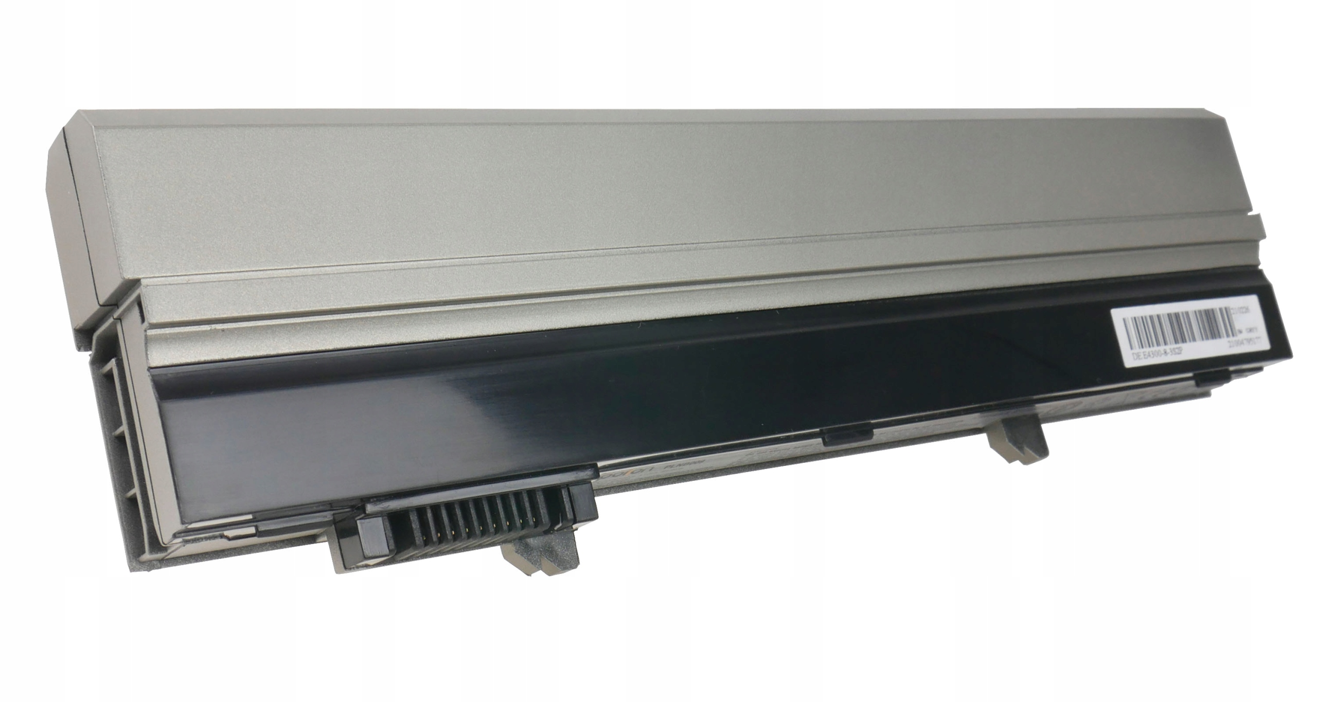 Szara bateria do laptopa z czarnym złączem i etykietą.