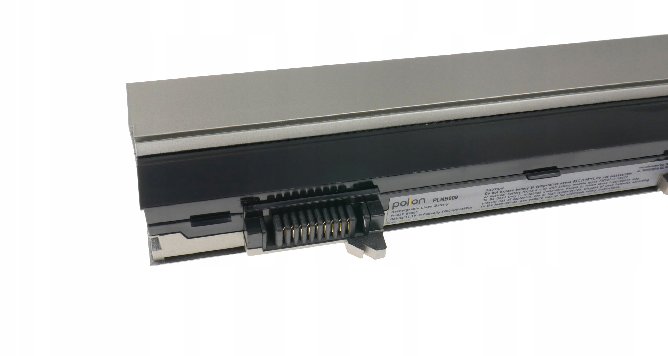 Szary akumulator do laptopa ze złączem i etykietami ostrzegawczymi.