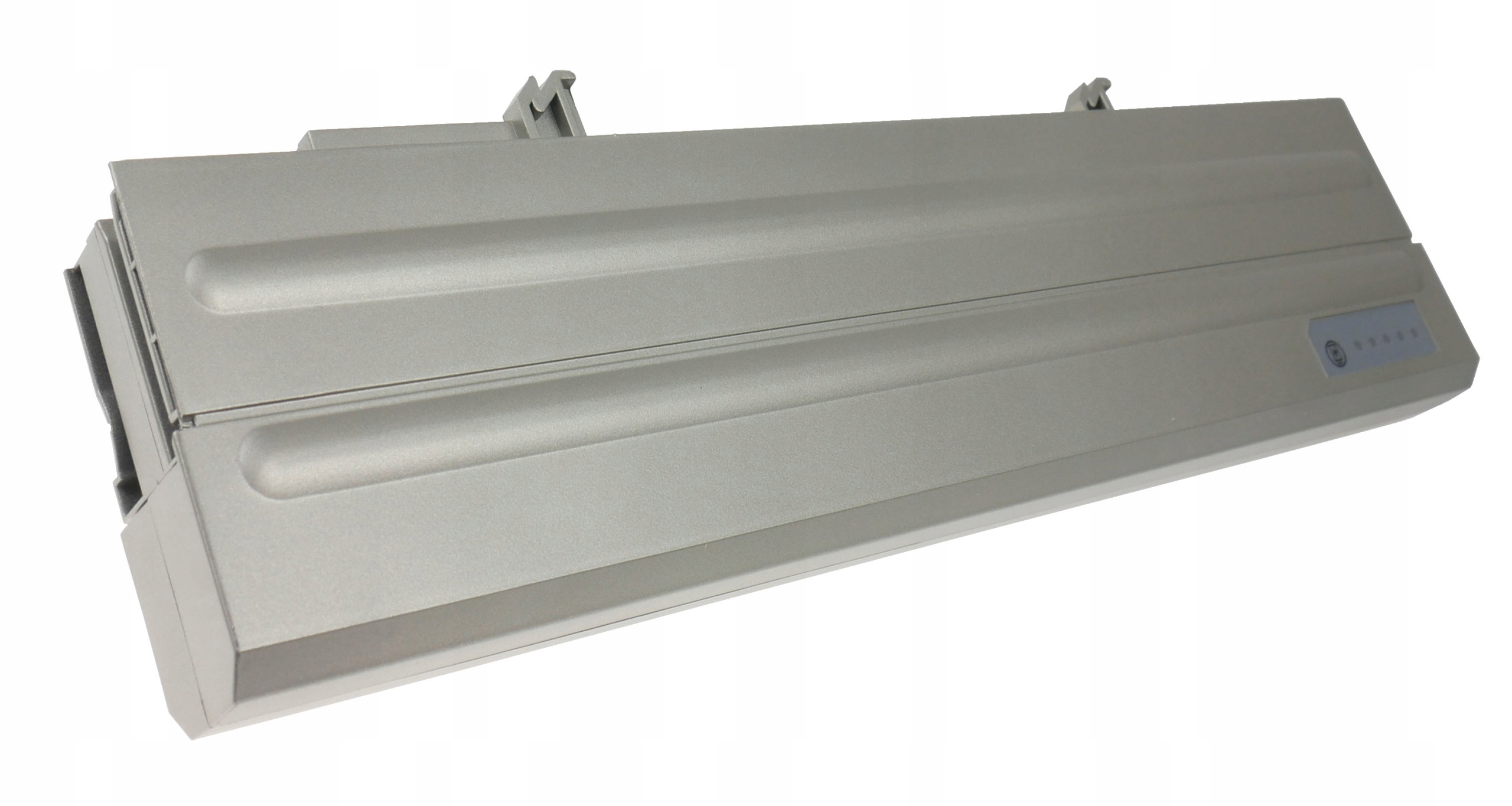 Szara bateria do laptopa ze wskaźnikami naładowania i mechanizmem blokującym.