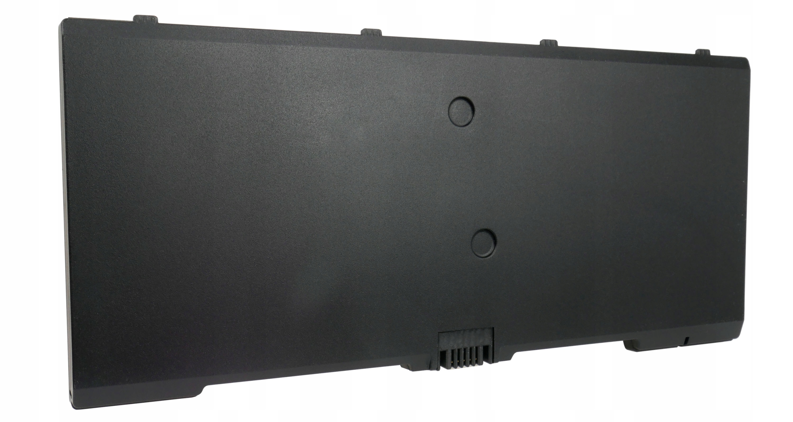 Czarna bateria do laptopa z dwoma okręgami i złączem.