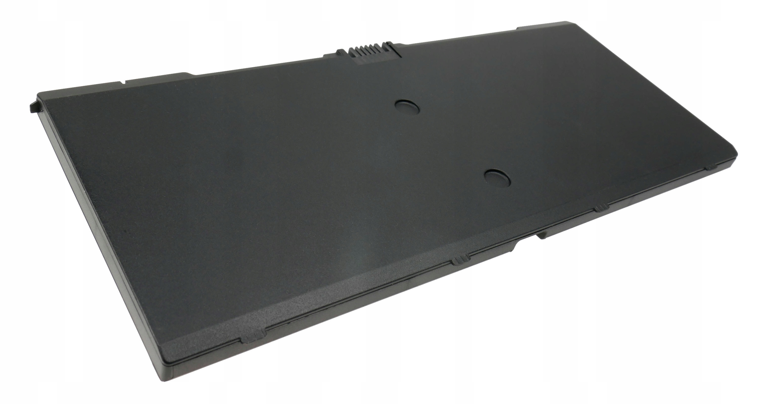 Czarna bateria do laptopa z krawędziami i dwoma okrągłymi wgłębieniami na górze.