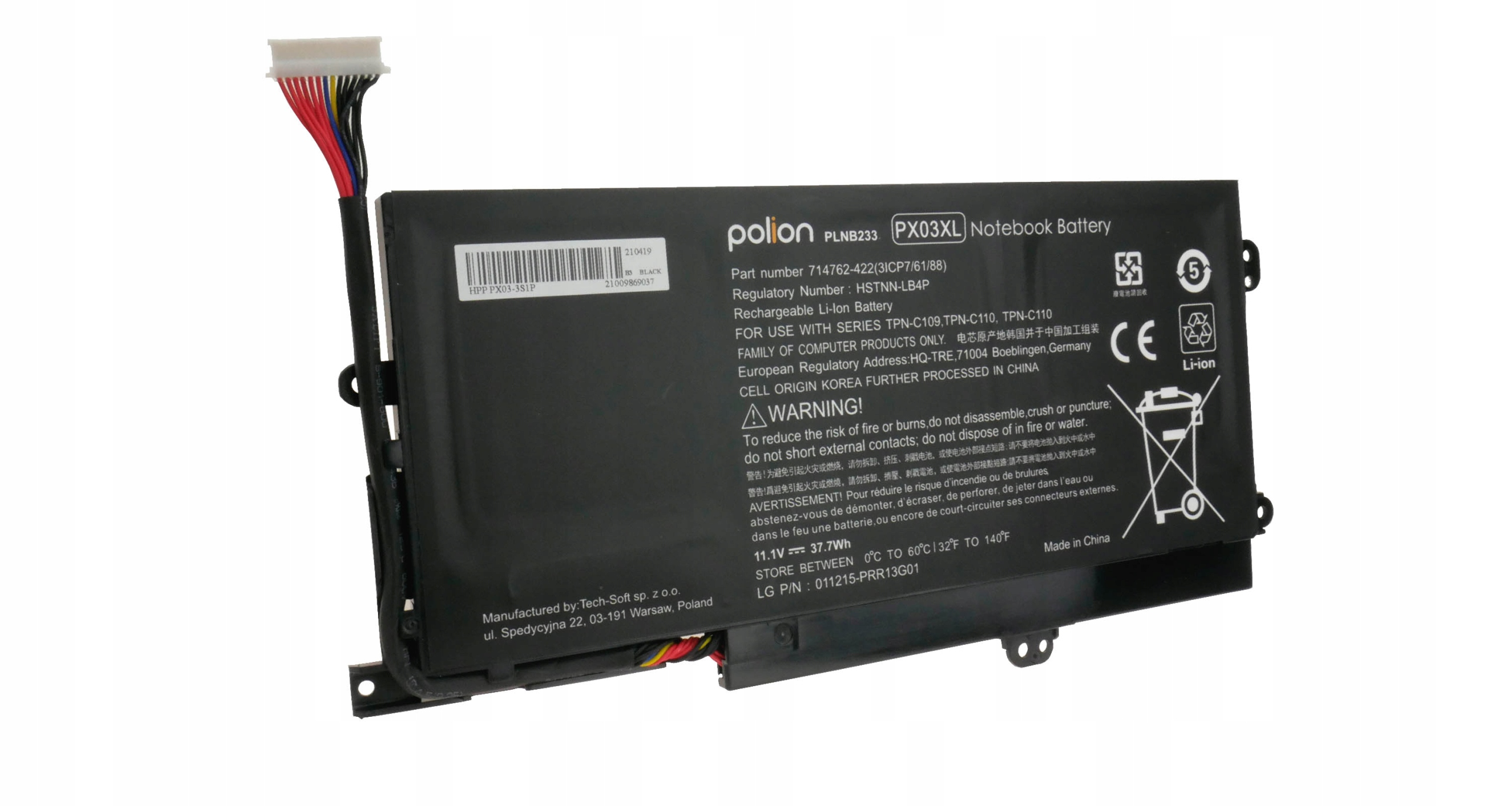 Czarna bateria do laptopa z kablami i etykietami ostrzegawczymi.