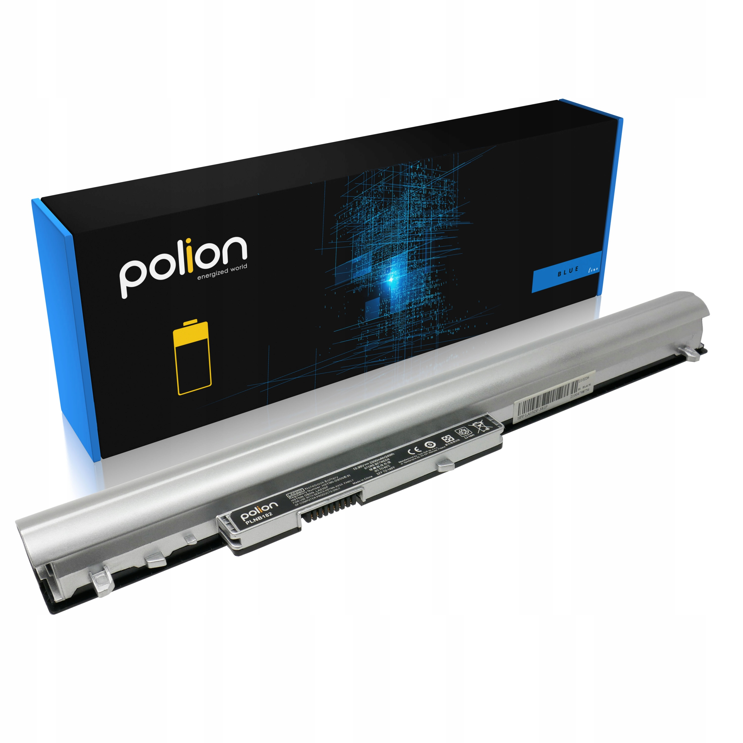 Srebrna bateria do laptopa przed czarnym pudełkiem z niebieską krawędzią i logo polion.