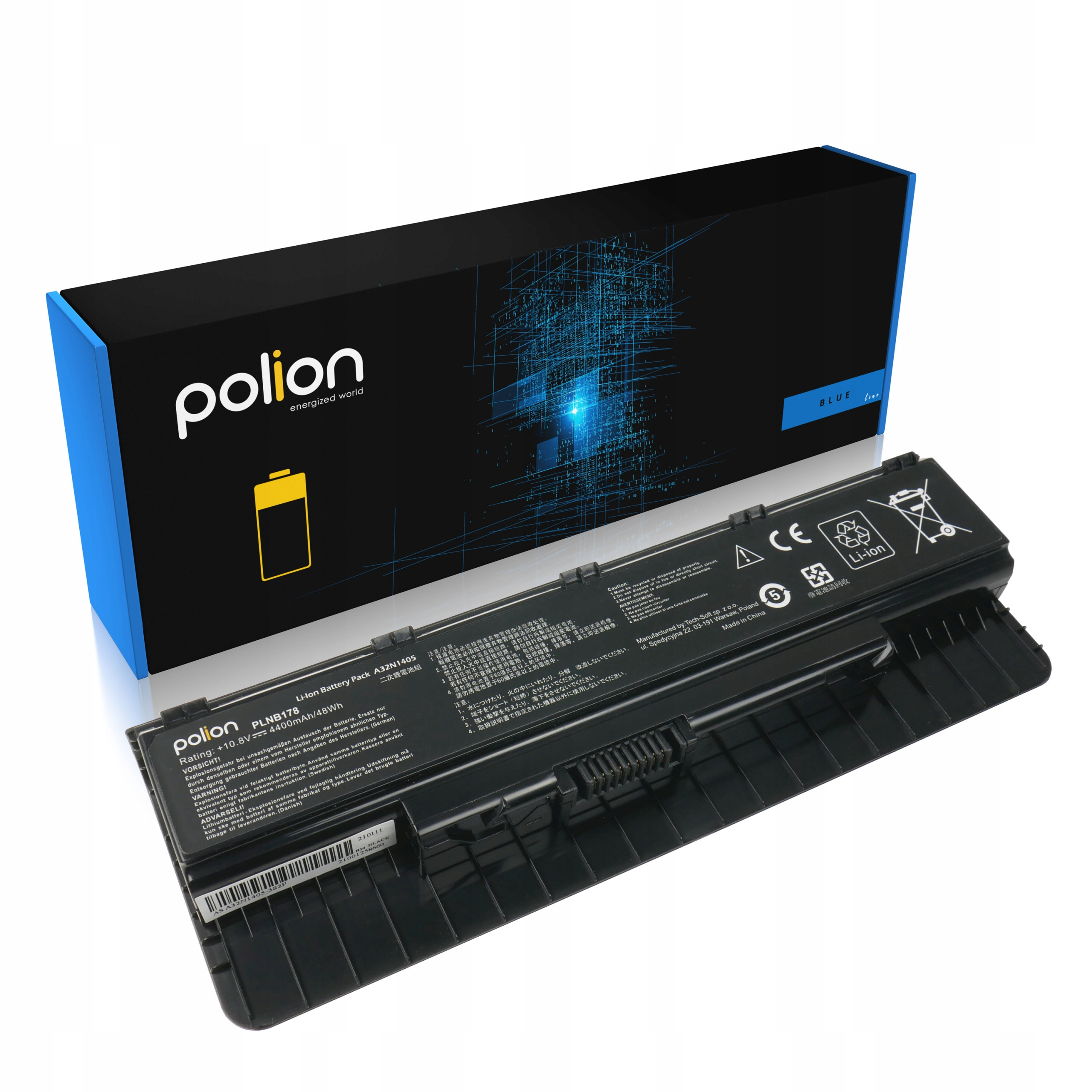 Czarna bateria do laptopa z logo "Polion" i niebieskim opakowaniem. Wydrukowane dane techniczne.
