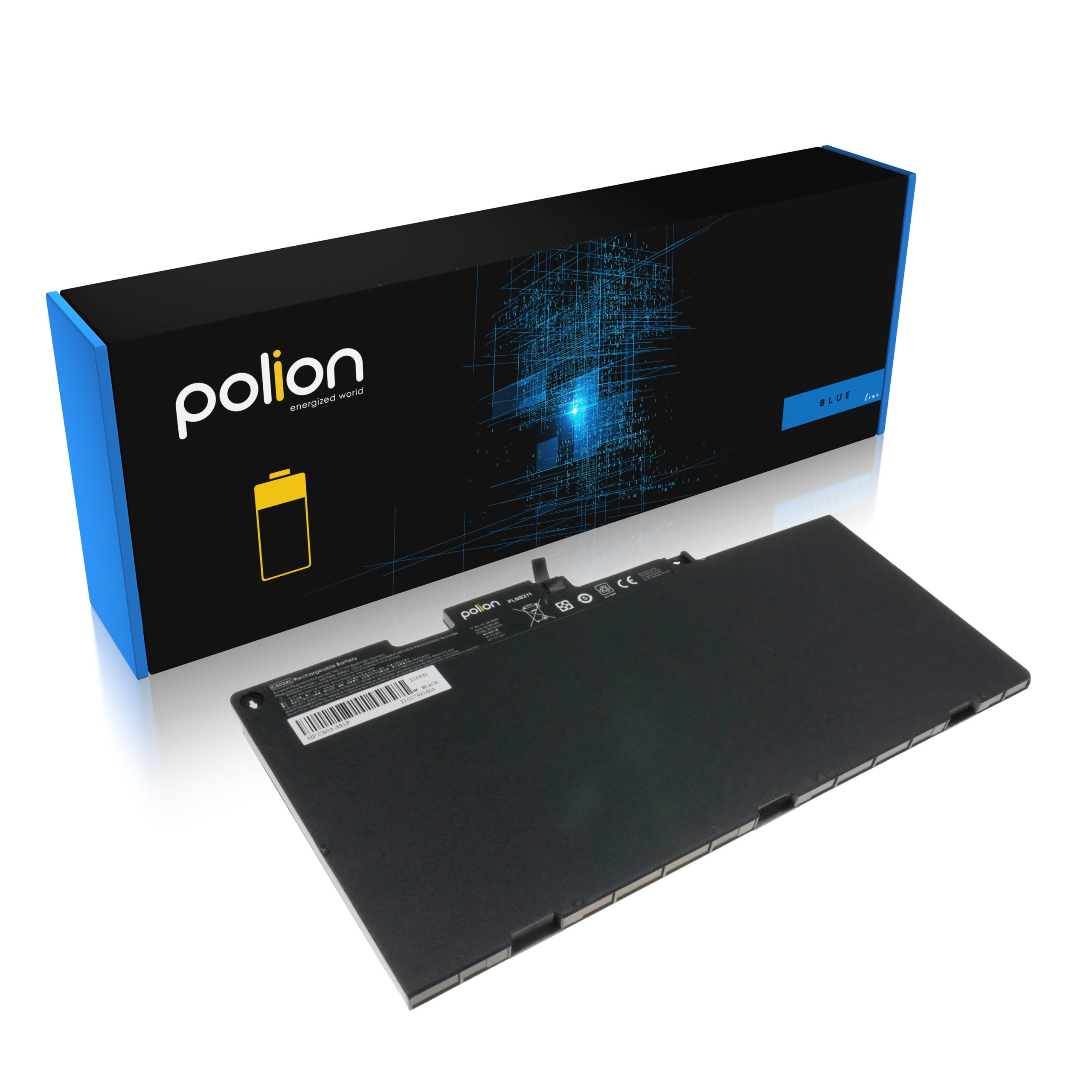 Czarna bateria do laptopa z logo Polion i opakowaniem.